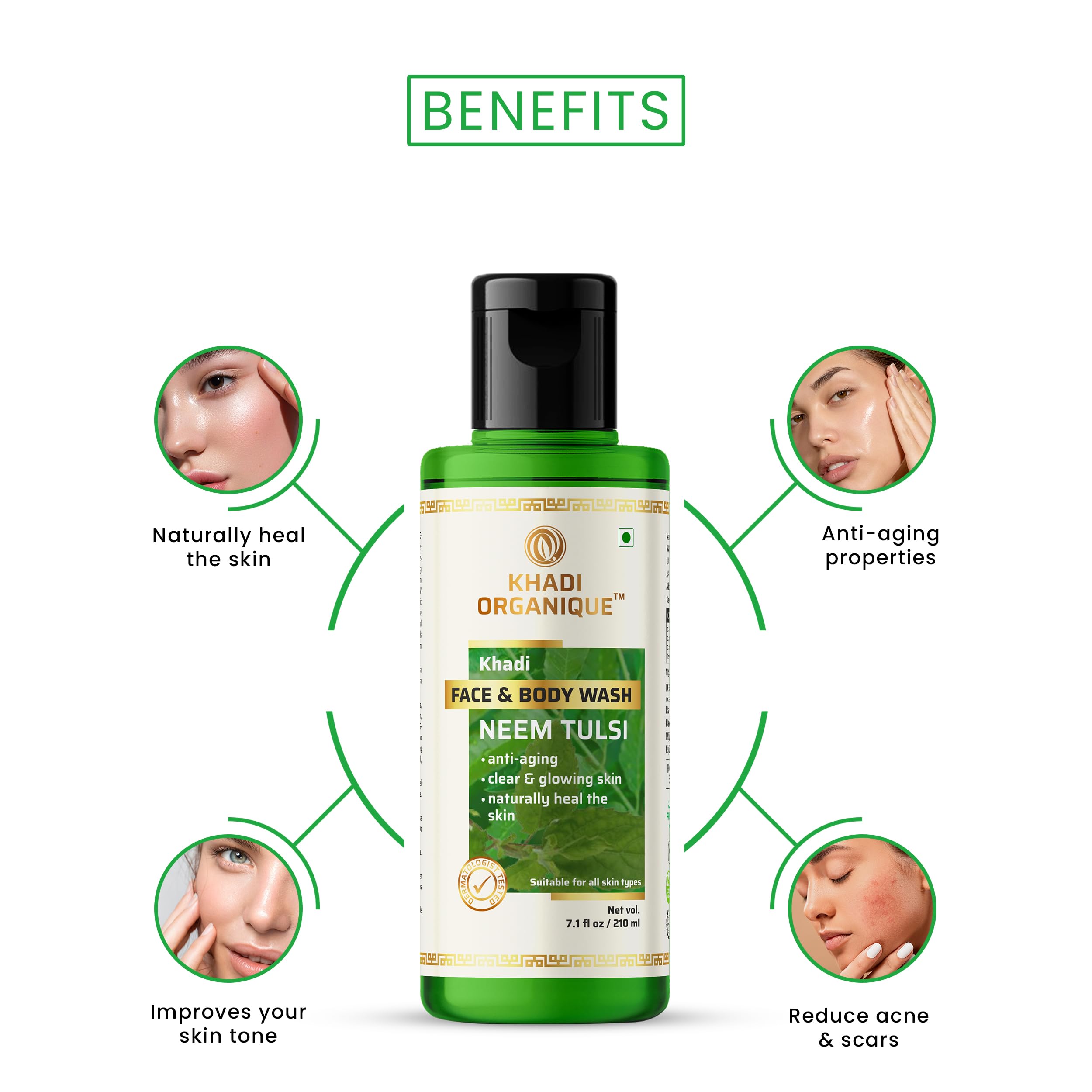 Khadi Organique Neem Tulsi Natural Face & Body Wash - Pack of 4 | Organic Ayurvedic Cleanser for Glowing Skin & Acne Control | Perfect for Daily Skincare & Spa Routine