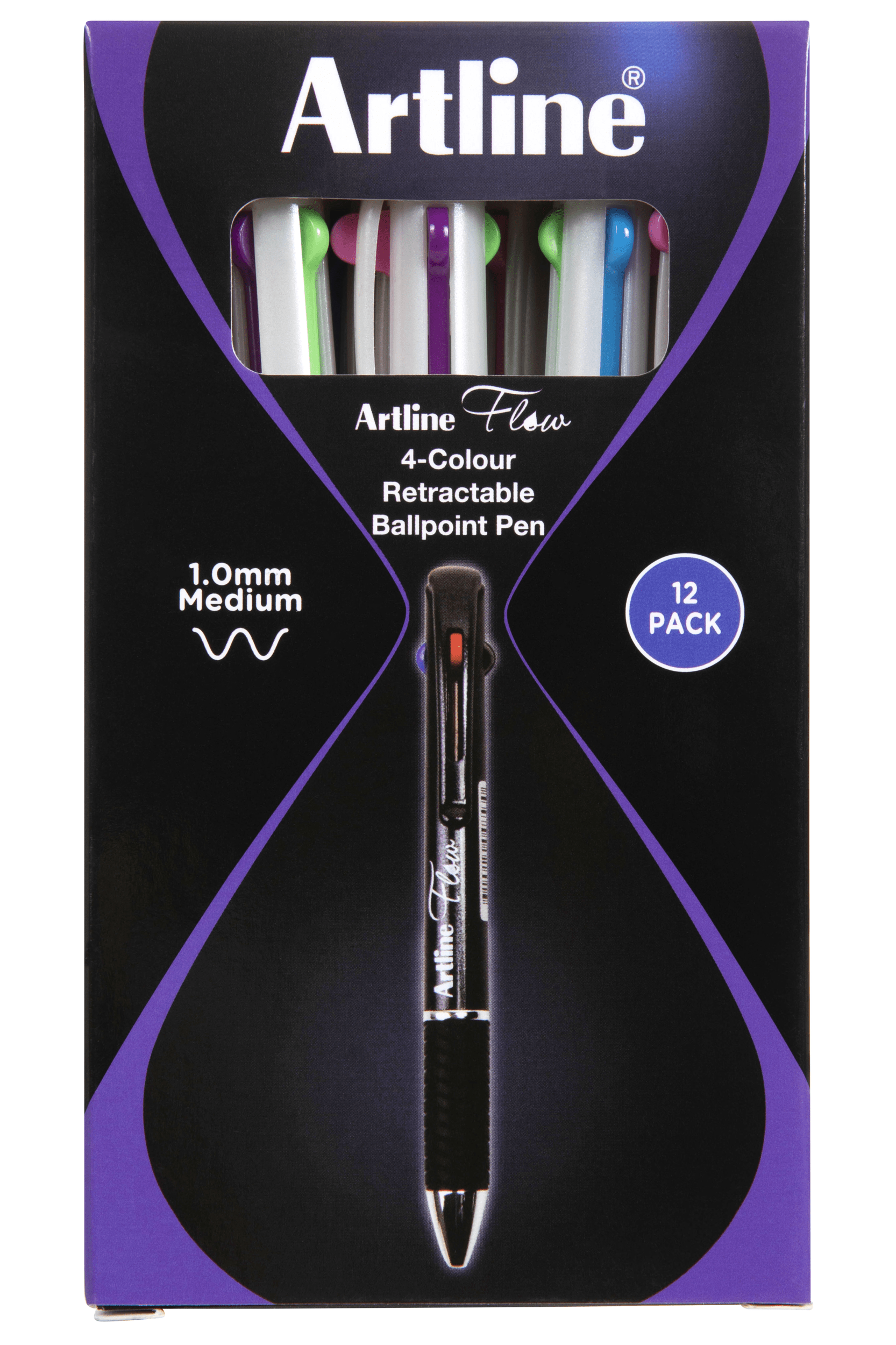 Artline Flow 4-Color Retractable Ballpoint Pen Set - Pearl White (12-Pack) for Office, School & Note Taking