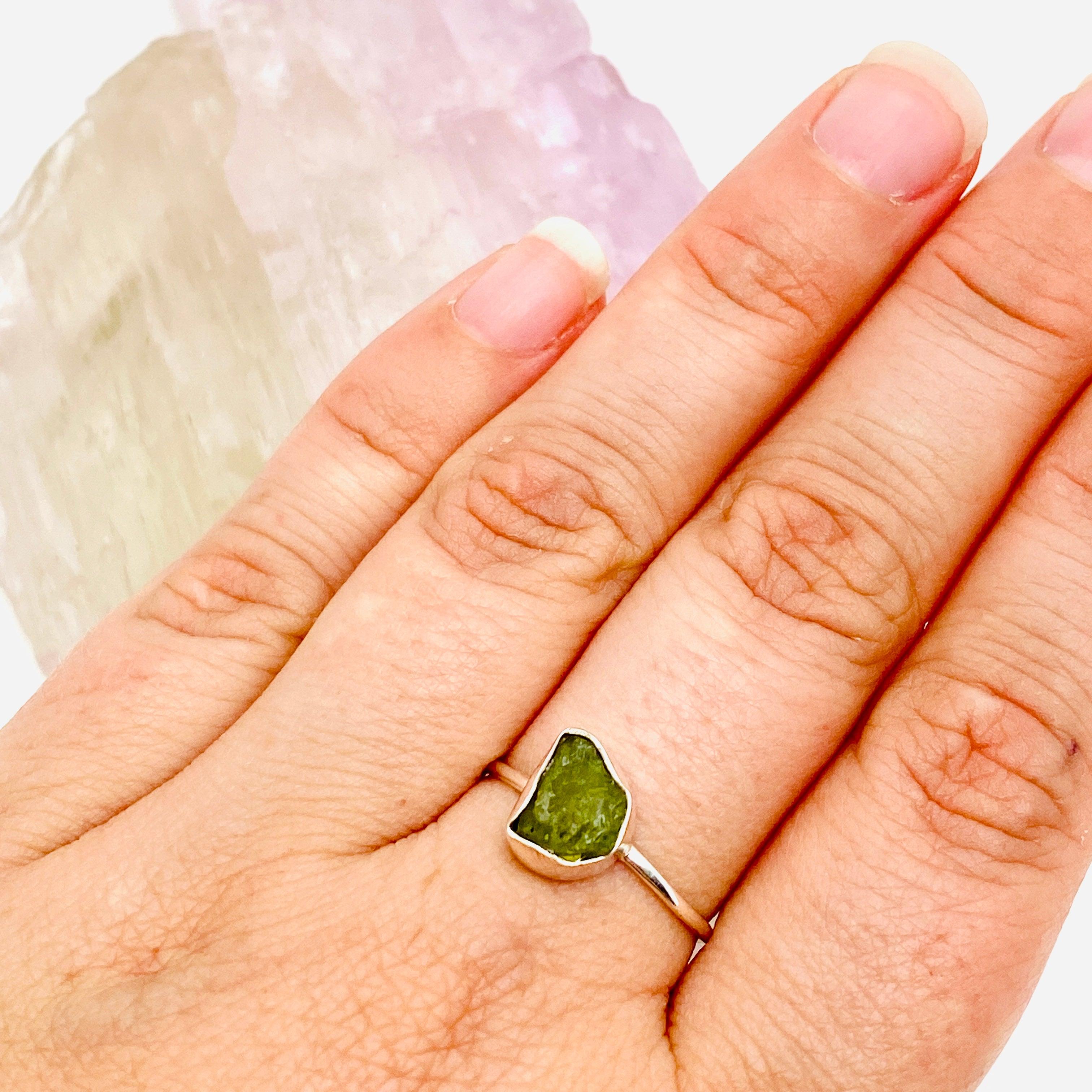 Peridot Raw Crystal Fine Band Ring R3701 PE - Natural Gemstone Jewelry for Women, Boho Chic Wedding & Everyday Wear