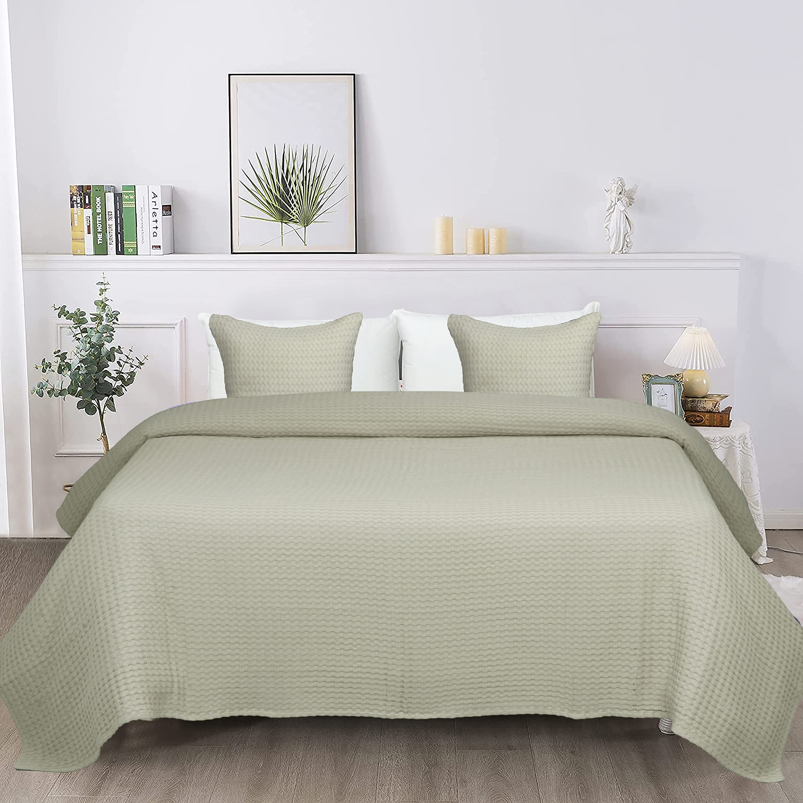 Tex Trend 100% Cotton Queen Size Waffle Weave Blanket - Lightweight & Breathable All-Season Bed Blanket, Soft Woven Throw for Couch, Sofa & Bedroom, Khaki, 90x90 Inches - Perfect for Fall, Winter & Cozy Home Decor
