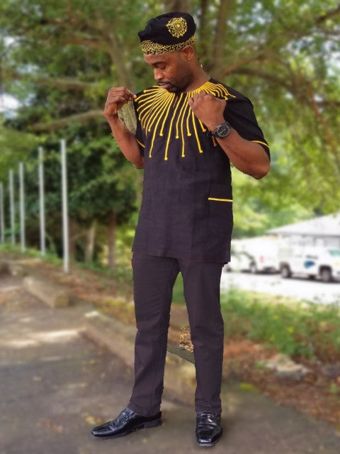 Black Panther Dashiki Pant Set with Gold Embroidery DPBLKP4TP - African Print Outfit for Men, Women, Cultural Events & Cosplay