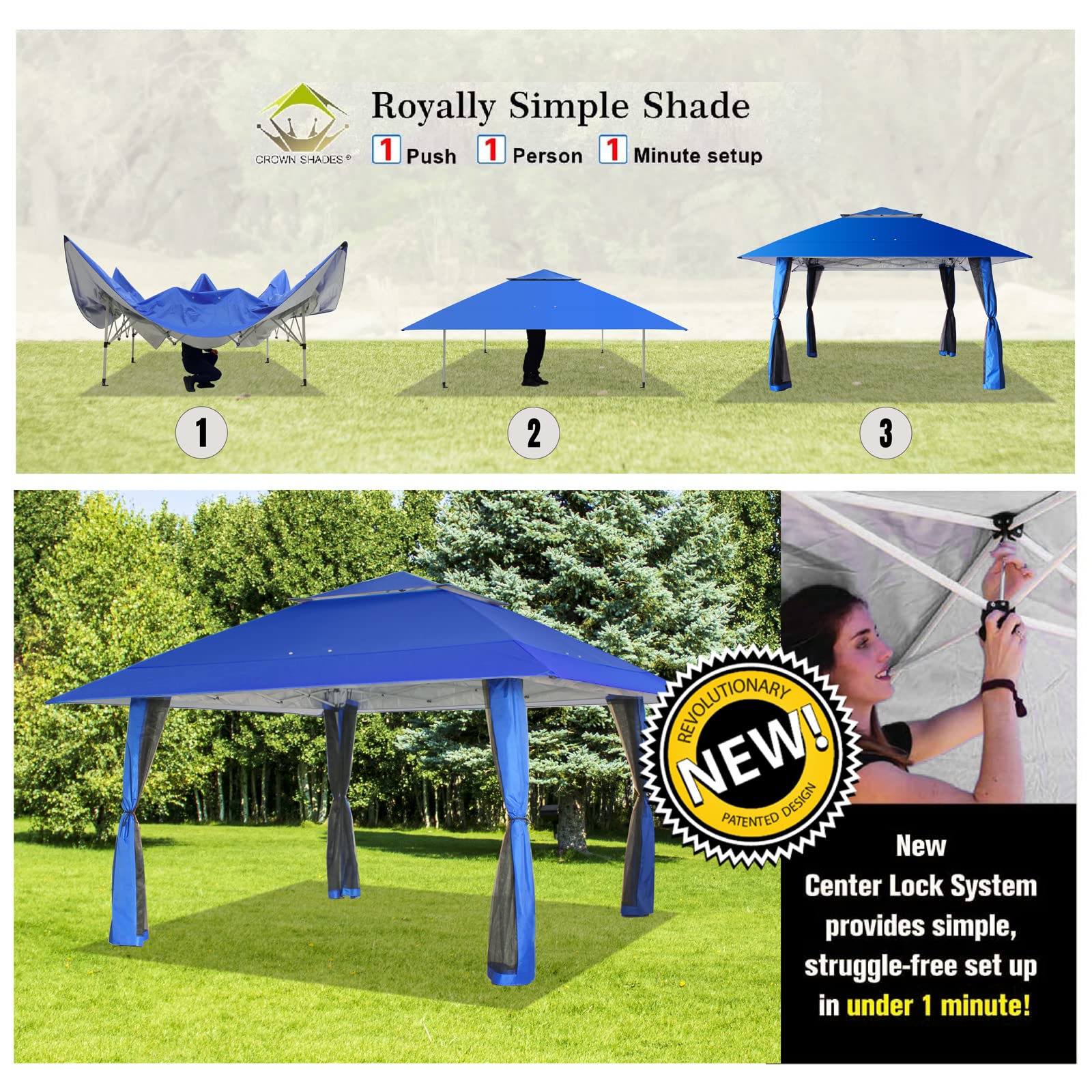 CROWN SHADES 13x13 Pop Up Gazebo with Wheeled STO-N-Go Cover Bag - Portable Canopy Tent for Outdoor Parties, Backyard, Patio, Camping & Beach - Waterproof Instant Shelter (Blue)