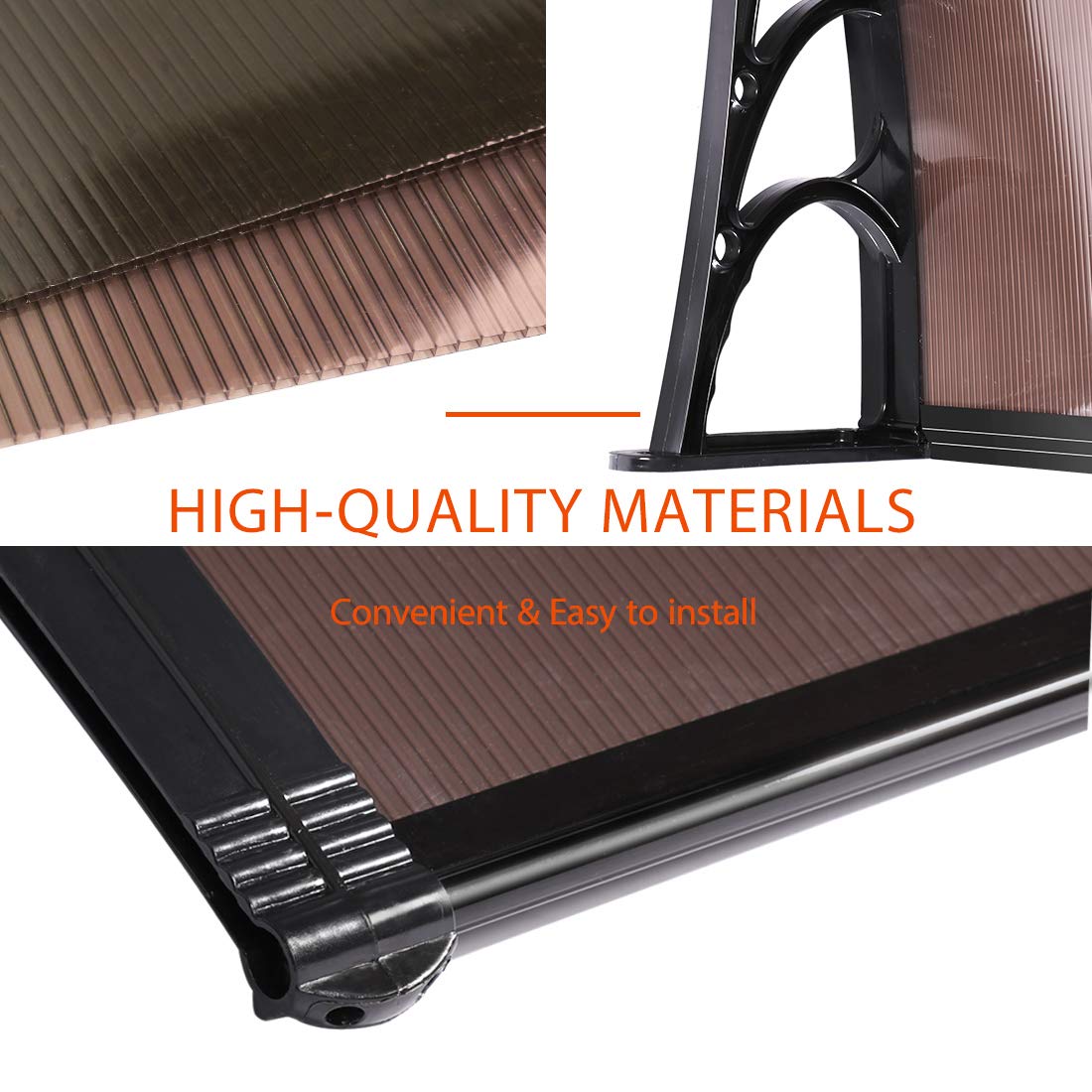 VIVOHOME Polycarbonate Window Door Awning Canopy - Brown Weatherproof Cover with Black Bracket for Patio, Porch & Entryway Protection | UV Resistant & Durable Outdoor Shelter