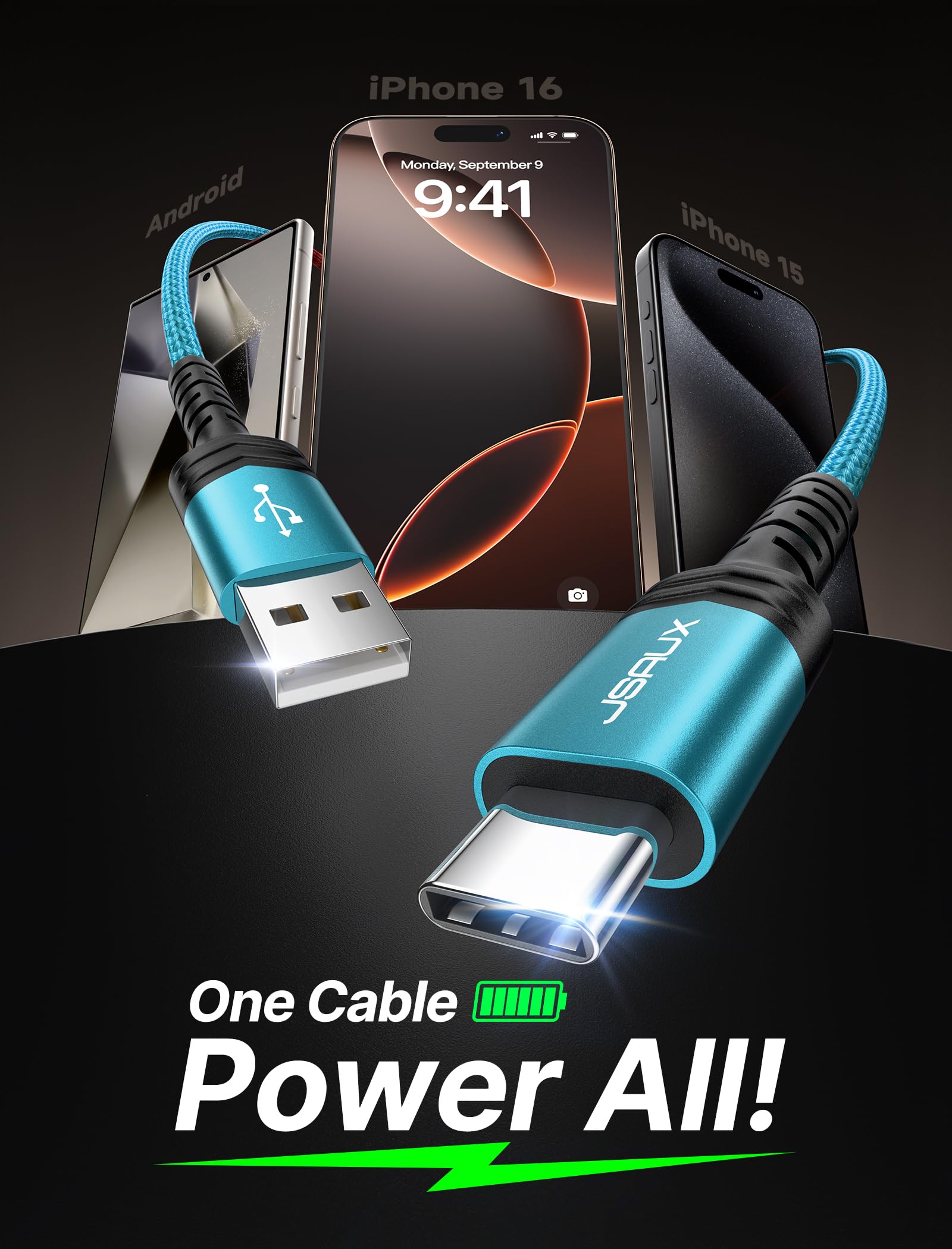 JSAUX USB C to USB A Cable 10ft 2-Pack, 3.1A Fast Charging Braided Cord Compatible with iPhone 16/15 Series, Samsung Galaxy S20/S10/S9, Note 20/10, CarPlay - Durable Green Nylon for Home, Office & Car Charging