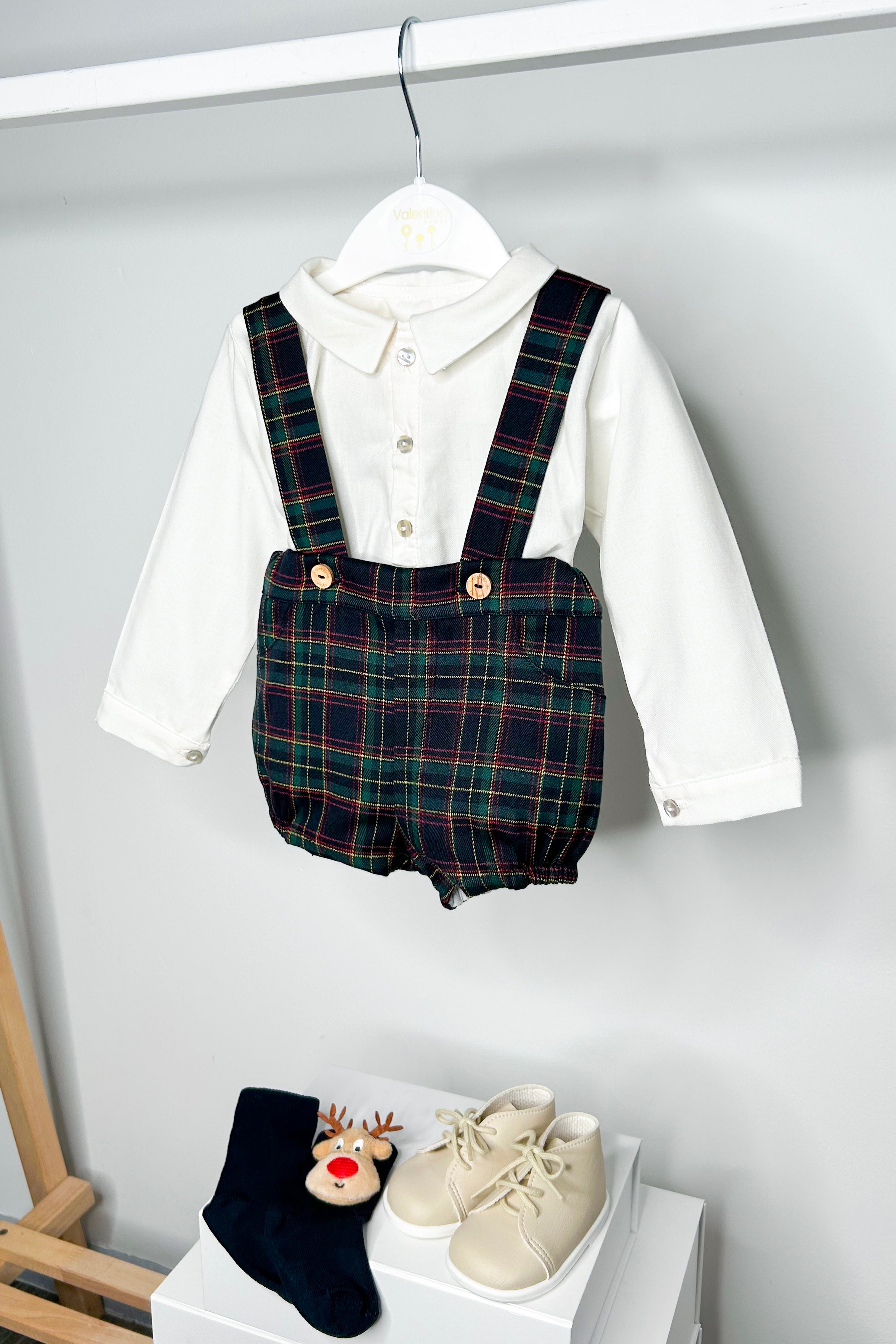Stylish Teddy Bear Print Shirt & Navy Tartan Shorts with Suspenders - Perfect for Casual Outings, School Uniforms, and Vintage Fashion Looks