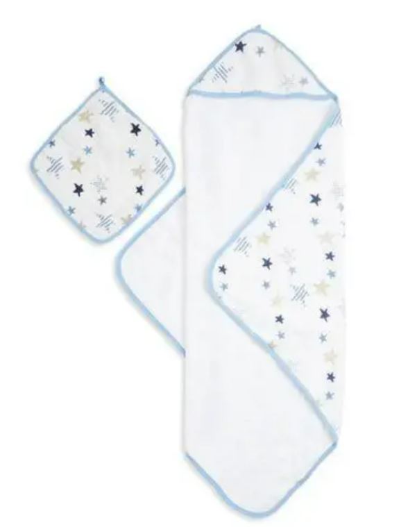 Aden & Anais Hooded Baby Towel and Washcloth Set - Soft & Absorbent Organic Cotton for Newborns, Infants & Toddlers - Perfect for Bath Time, Swimming & Beach Outings