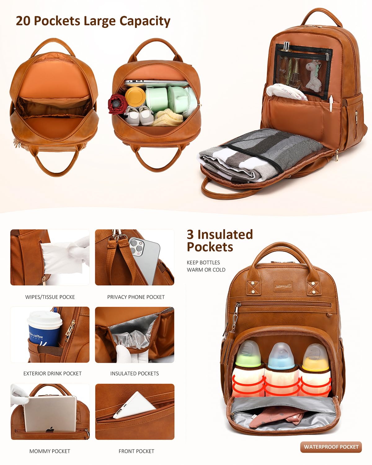 Premium Vegan Leather Diaper Bag Backpack - Waterproof Baby Changing Pad, 20 Pockets Organizer, Reinforced Zippers & Odor-Free, Fits 15.6