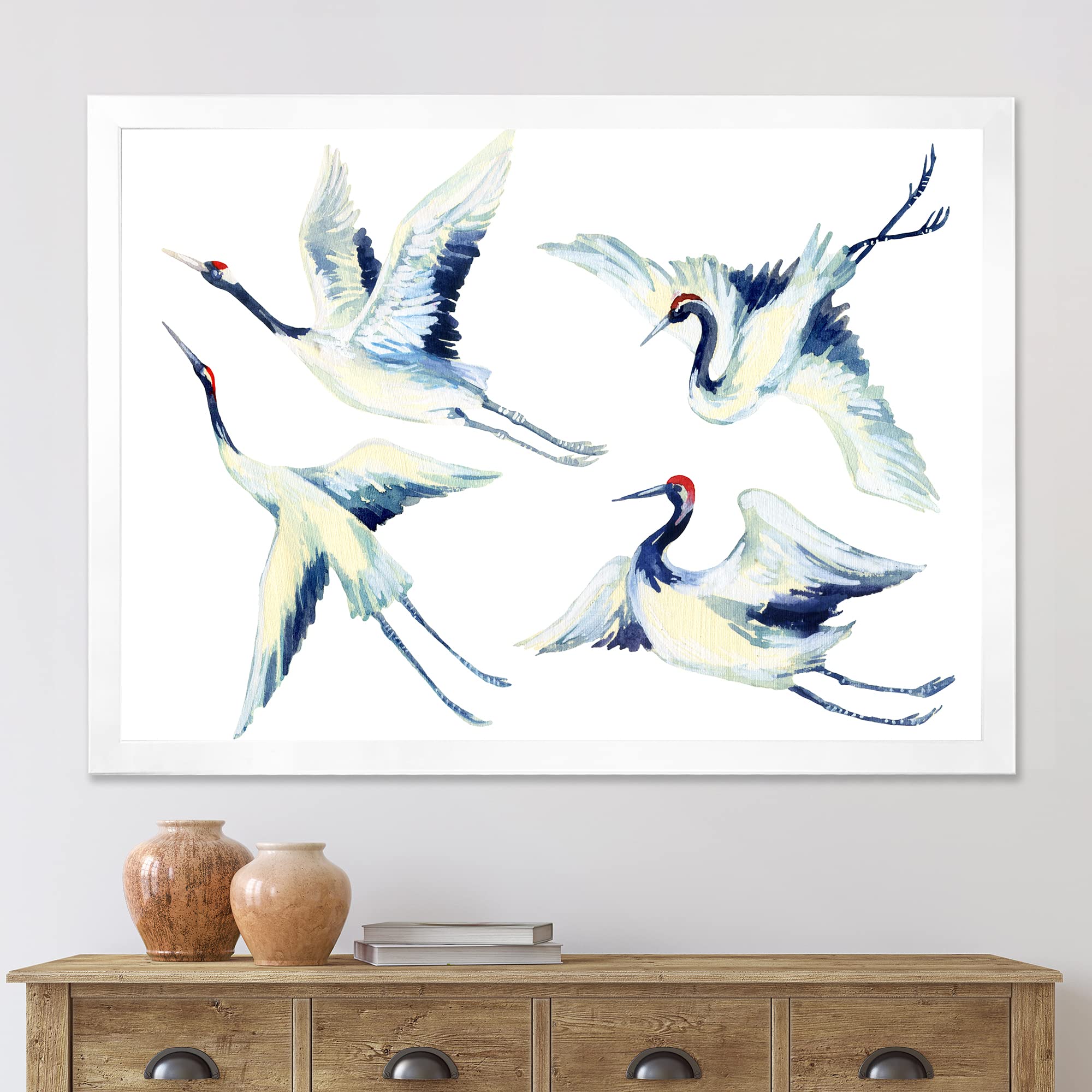 Asian Crane Bird Impression Traditional Framed Wall Art - Handmade Oriental Home Decor for Living Room, Bedroom & Office - Perfect Gift for Housewarming & Wedding