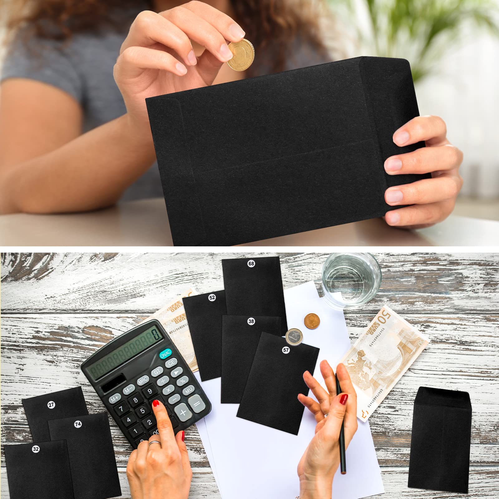 100 Pack 4x3 Inch Small Coin Envelopes with Stickers - Cash Saving Challenge, Budgeting, Checks & Gift Card Organizer for Home, Office, Banking (Black) | Perfect for Money Management, DIY Projects & Small Item Storage