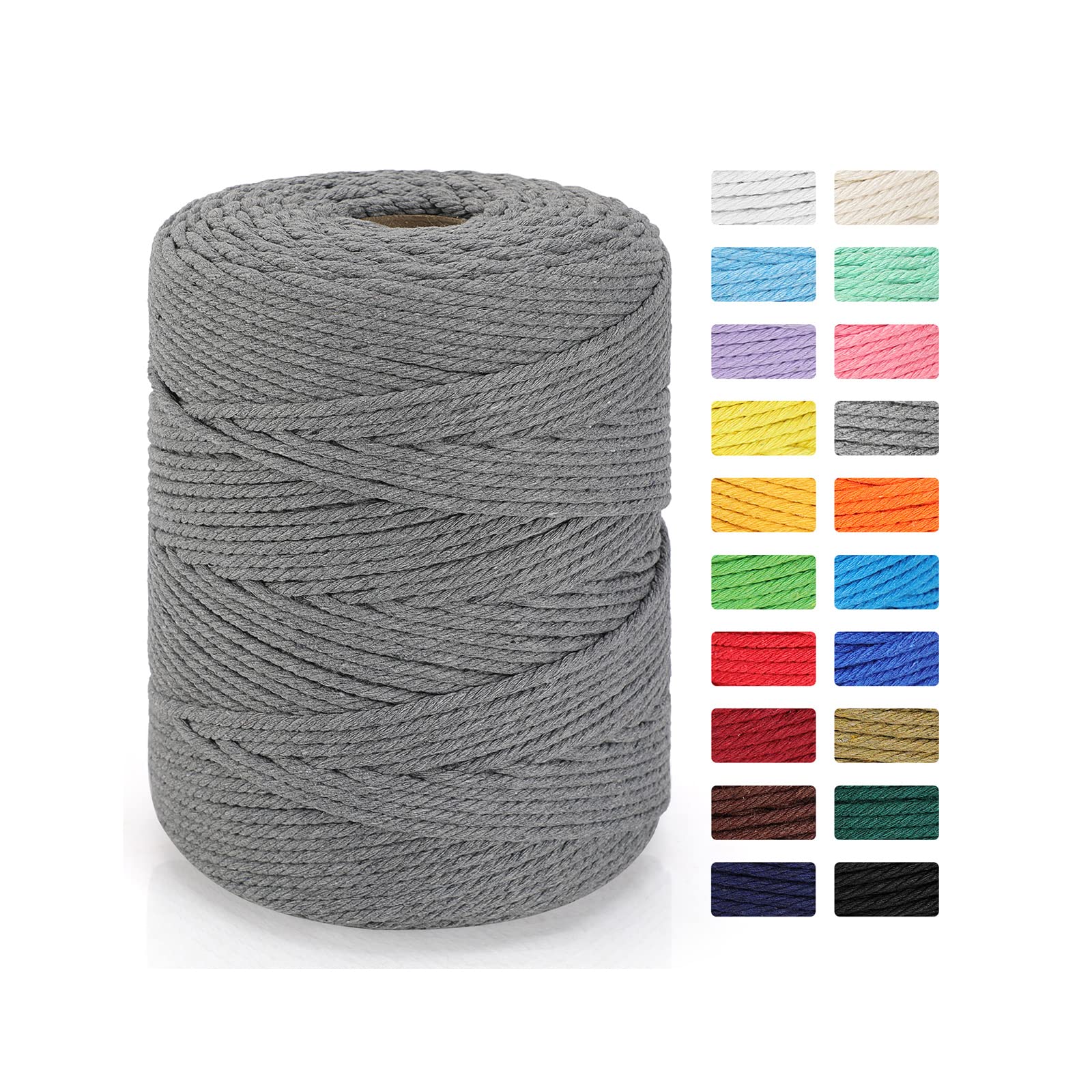 4mm x 328yd Natural Cotton Macrame Rope - 4 Strand Twisted DIY Craft Cord for Knitting, Plant Hangers, Wall Decor, Wedding & Boho Home Decor - Soft Gray Macrame String for Handmade Projects