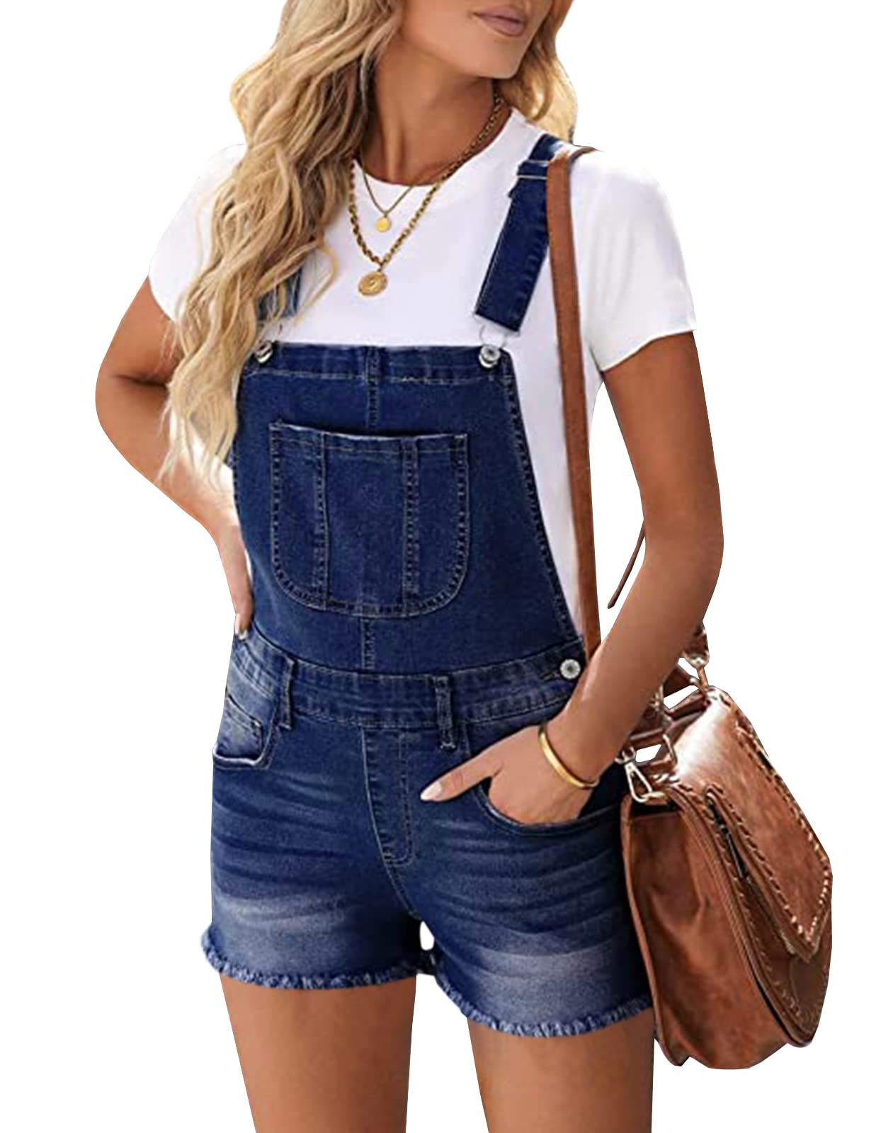 Women's Stretch Denim Bib Overalls Shorts with Adjustable Straps & Raw Hem - Casual Summer Romper for Outdoor Activities, Music Festivals & Street Style