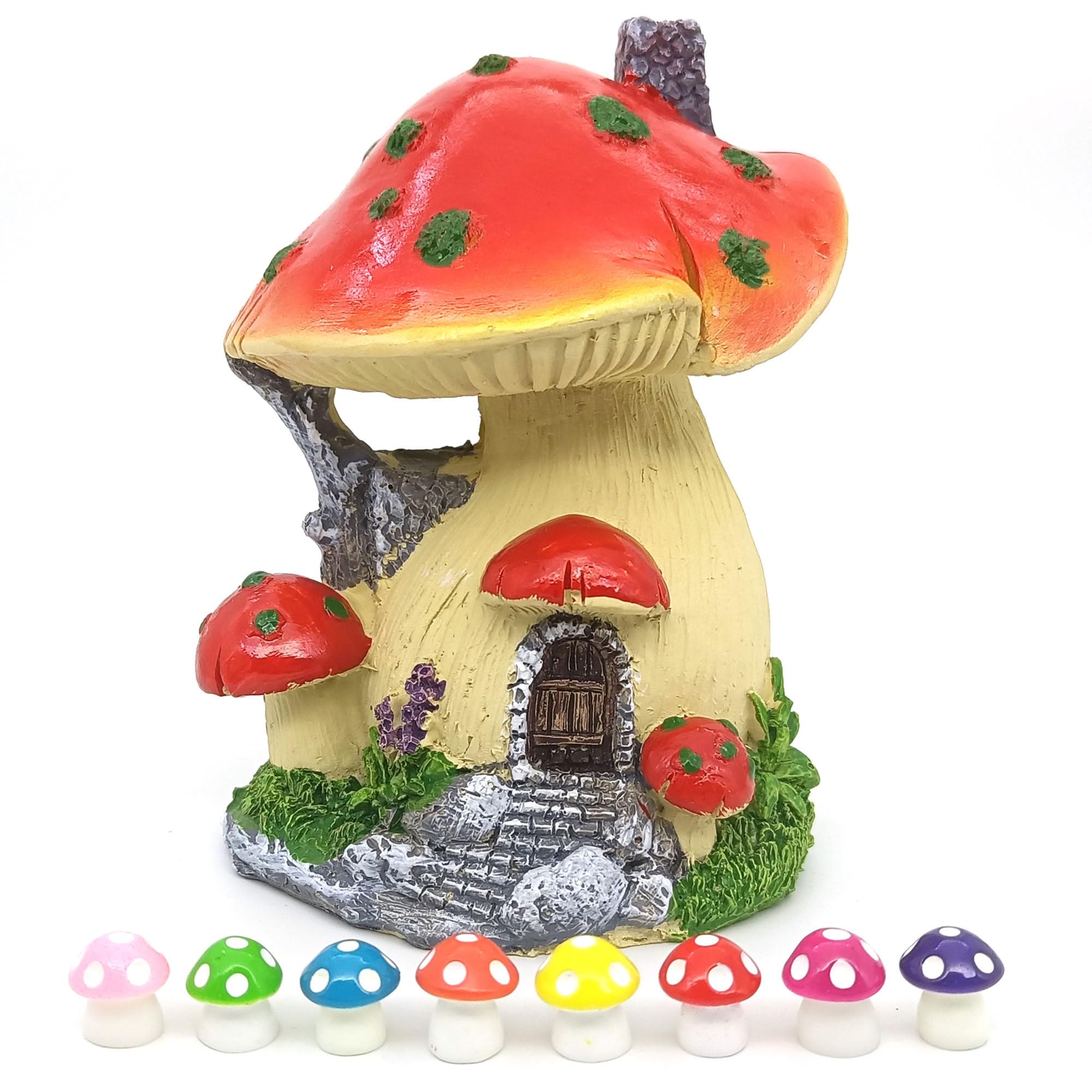 Fairy Garden House - Miniature Resin Mushroom Cottage with Tiny Mushroom Figurines (Red) for Fairy Gardens, Terrariums & Home Decor
