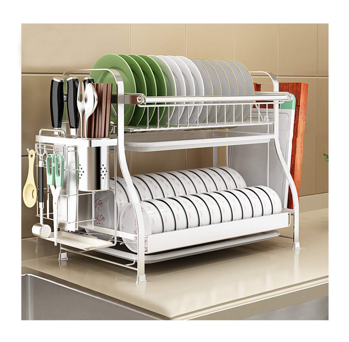 Premium 2-Tier Stainless Steel Dish Drying Rack with Drip Tray & Utensil Hooks - Space-Saving Over Sink Organizer for Dishes, Bowls, Cups & Cutting Boards - Perfect for Small Kitchens & Efficient Dish Drying