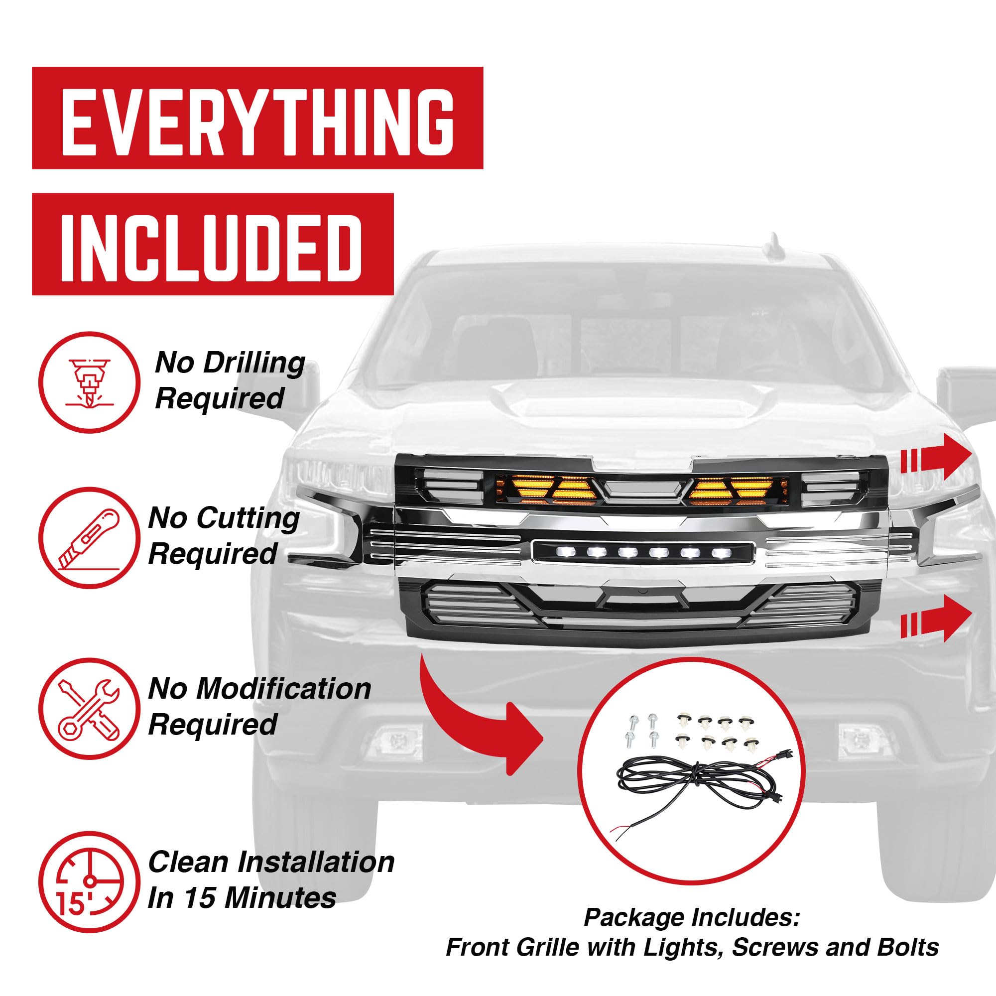 2019-2021 Chevy Silverado 1500 LED Light Chrome Armor Grille | Heavy Duty Front Bumper Protection | Off-Road & Street Style Upgrade