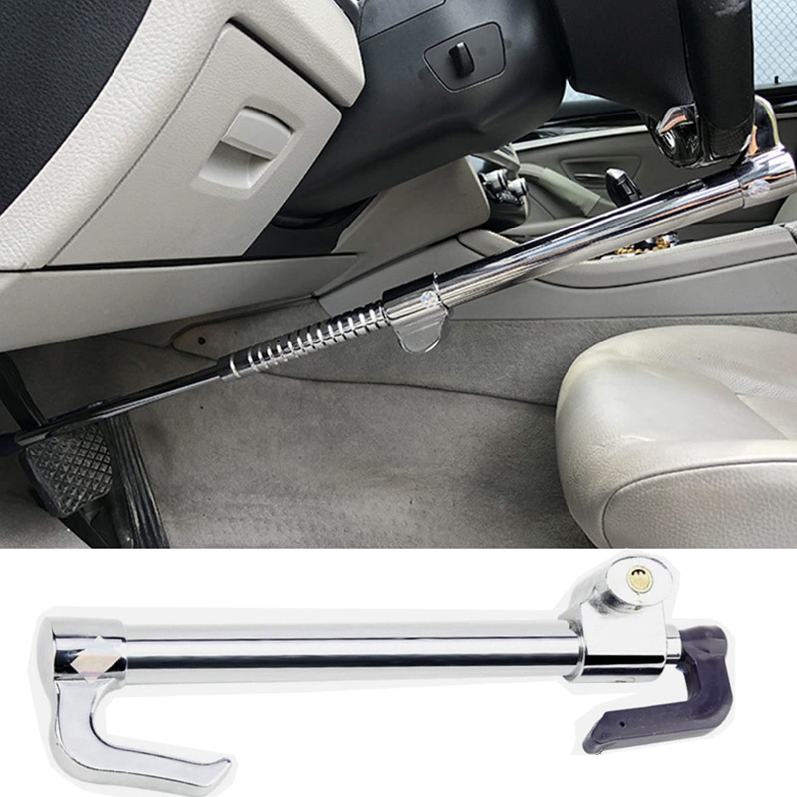 Universal Car Steering Wheel Anti-Theft Lock - Retractable Double Hook Brake & Clutch Pedal Lock for Auto, Truck, SUV & Van - Heavy Duty Vehicle Security Device for Parking & Theft Prevention