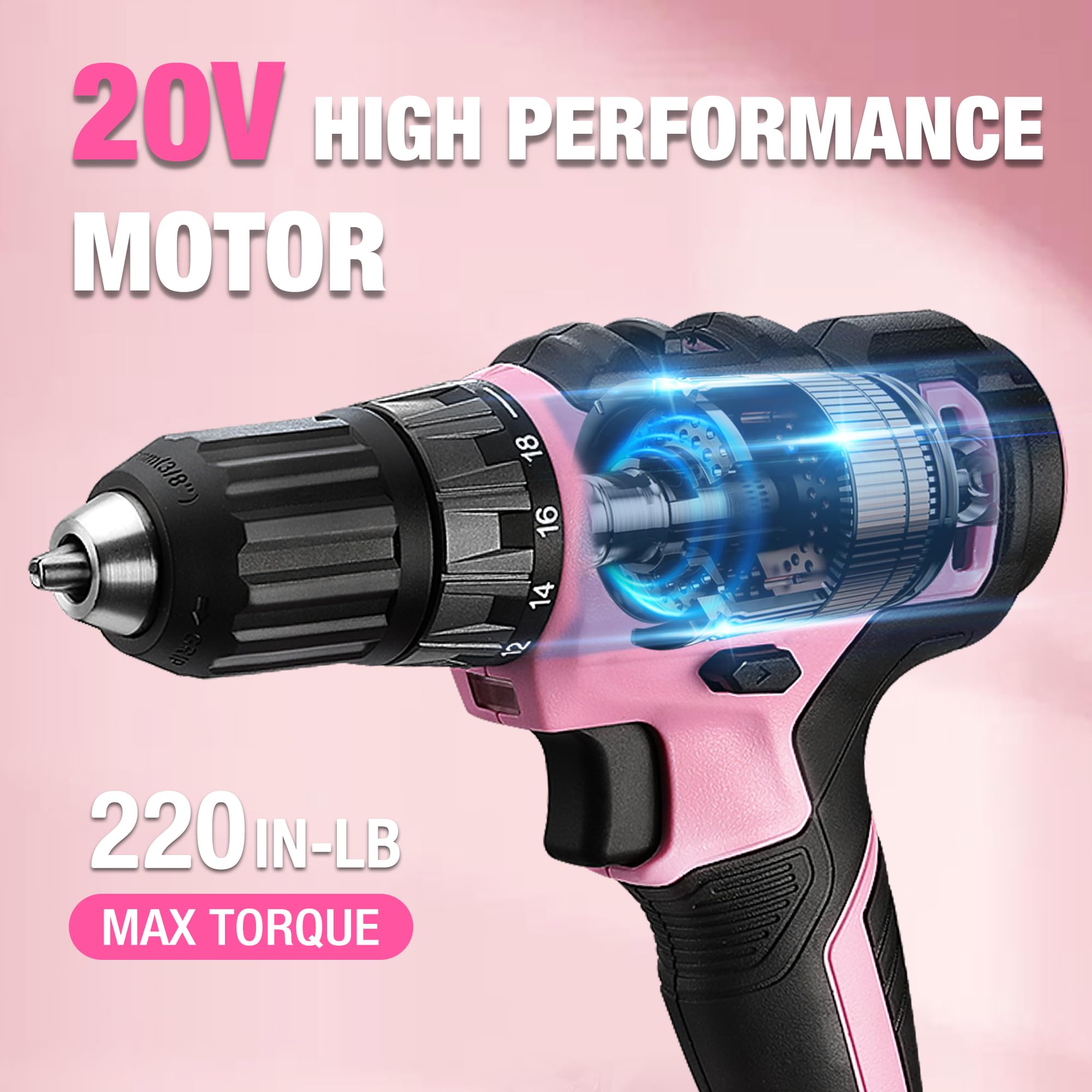 WORKPRO 20V Pink Cordless Drill Driver Kit with 141-Piece Hand Tool Set, 2.0Ah Li-ion Battery & Fast Charger - Perfect for DIY Projects, Home Repairs & Construction Work - Includes Durable Tool Box (Pink Ribbon Edition)