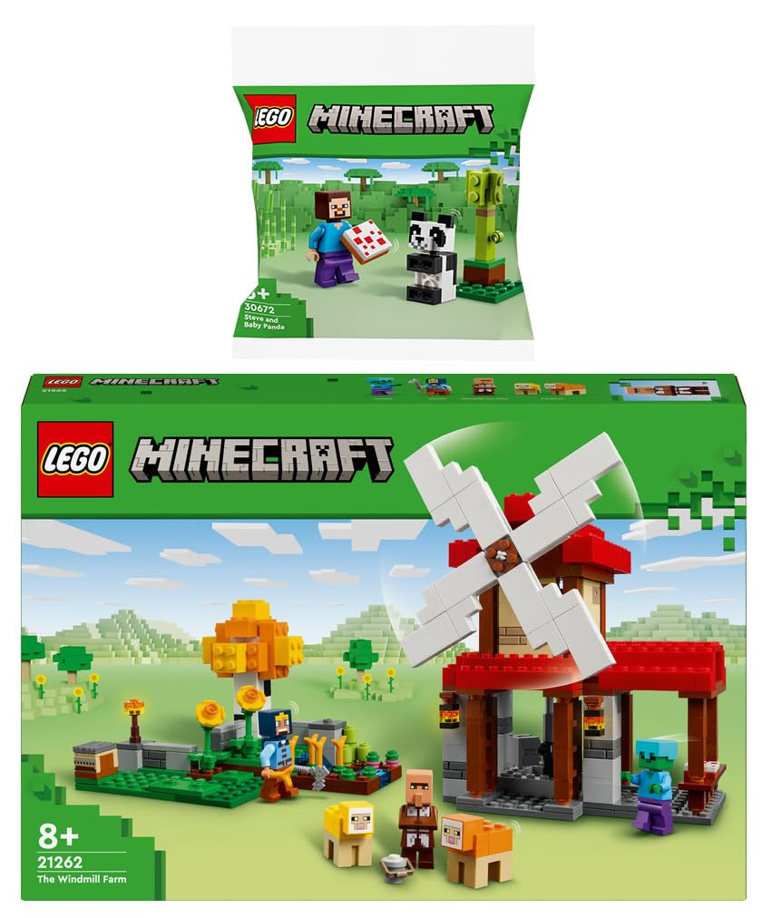 LEGO 21262 Windmill Farm & 30672 Steve with Baby Panda Set - Creative Building Toy for Kids, Perfect for Farm-Themed Play and Panda Lover Collections