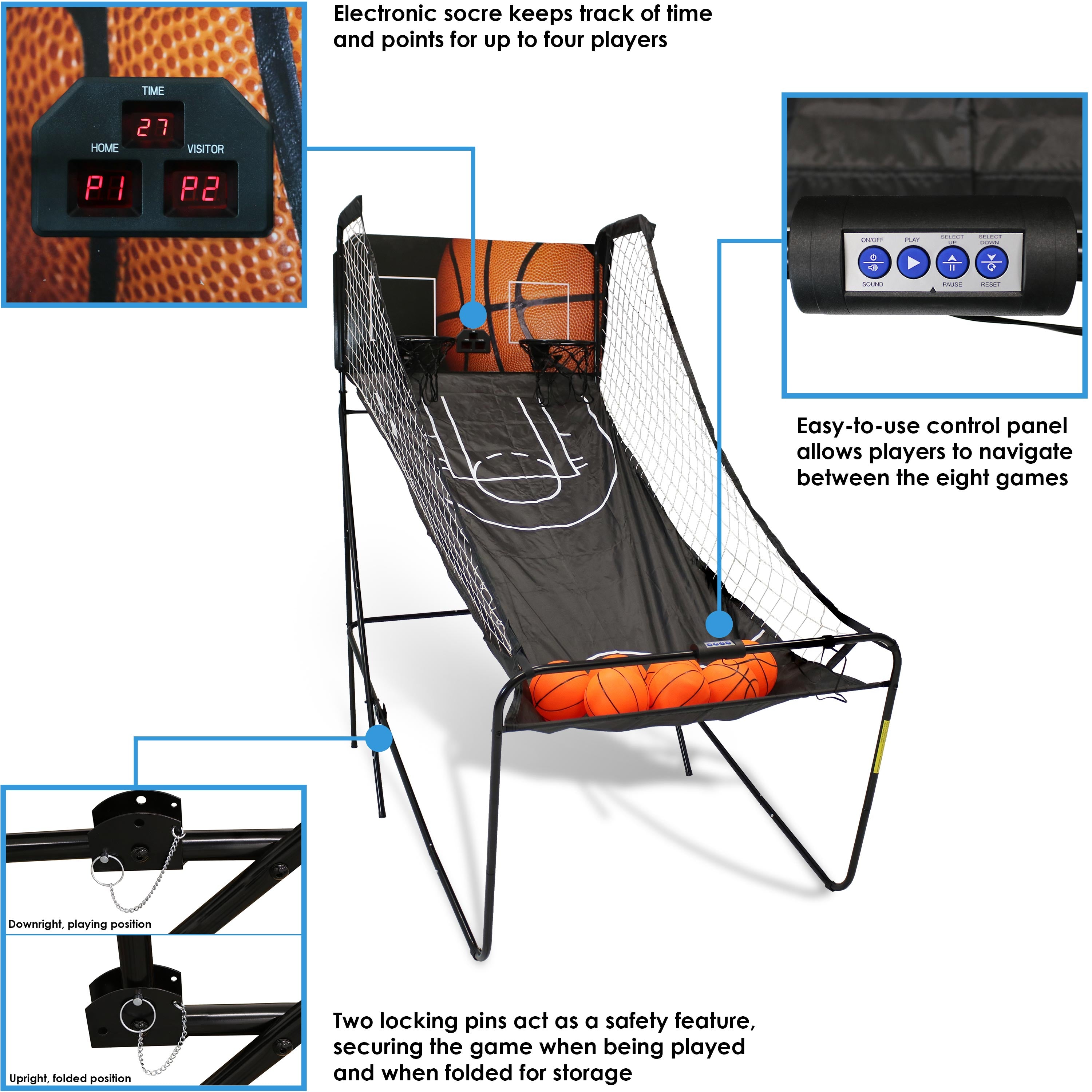 Sunnydaze Folding Indoor 2 Player Arcade Basketball Game with Electronic Scorer & 8 Game Modes - Fun Family Game Room Entertainment for Kids & Adults