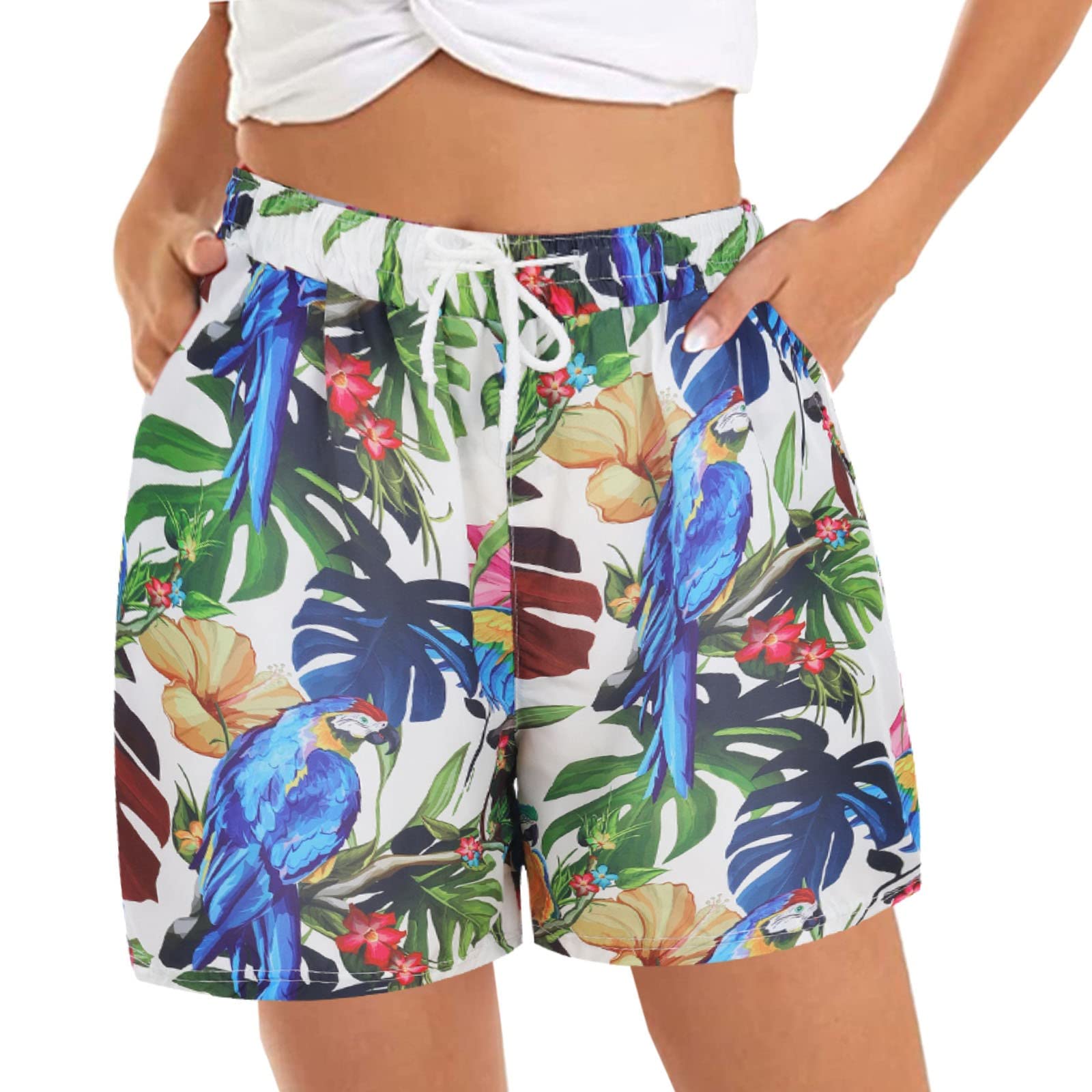 Women's White Casual Shorts with Elastic Waist & Floral Print - Summer Comfy Beach Shorts with 2 Pockets for Outdoor Activities, Travel & Vacation Wear