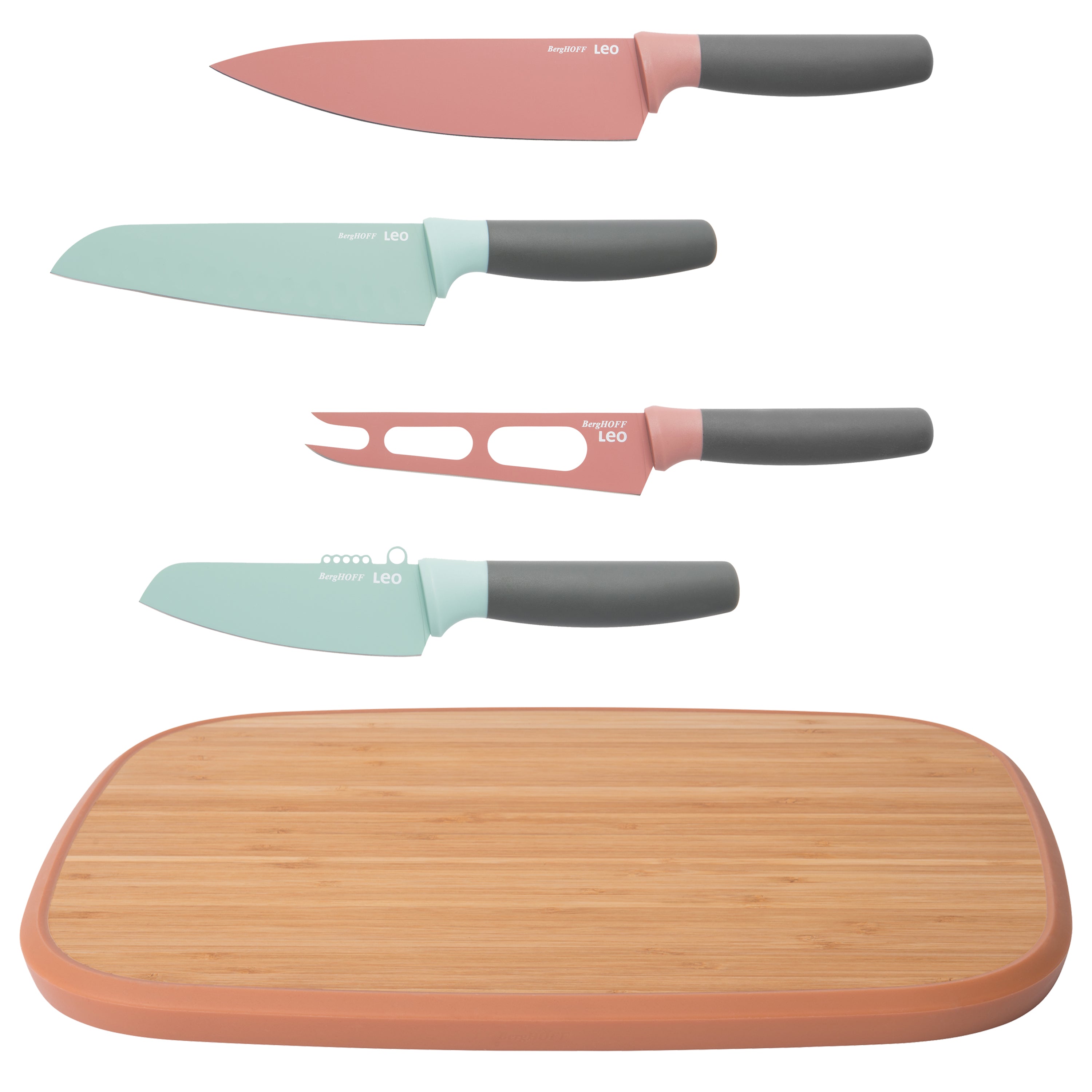 BergHOFF Leo 5-Piece Knife Set with Cutting Board - Pink & Green Kitchen Utensils for Chopping, Slicing & Food Prep | Perfect for Home Cooking & Gift Giving