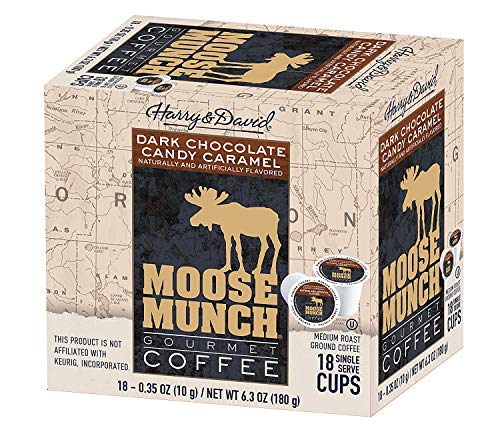 Harry & David Moose Munch Coffee Pods - 18 Single Serve Cups, Dark Chocolate Caramel Candy Flavor - Perfect for Office, Home & Gifts