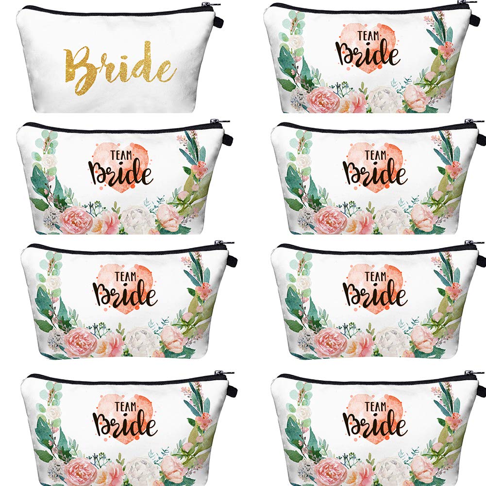 Floral Makeup Bag Set of 8 - Waterproof Travel Cosmetic Organizer for Women, Bridesmaid Gifts