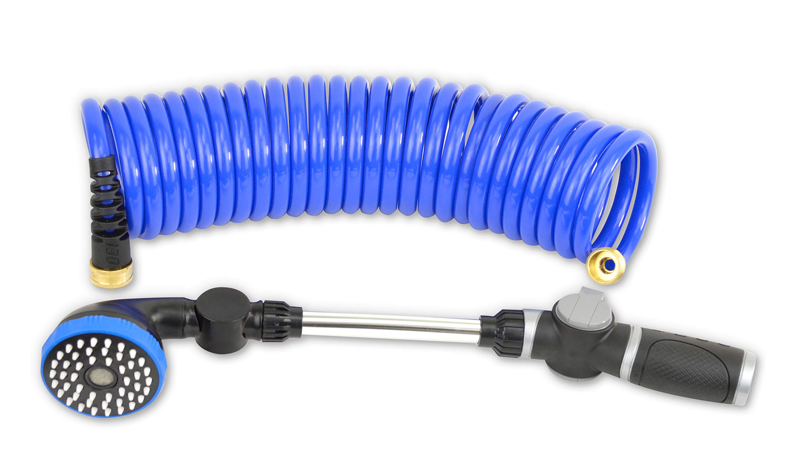 25ft 3/8 Inch Self Coiling Garden Hose with Shower Wand - Lightweight Expandable Water Hose for RV, Outdoor, Camping, Car Washing & Yard Watering (Blue)