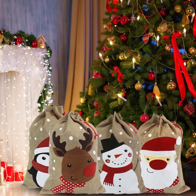 4 Pack Christmas Gift Bags with Drawstring - 13.8