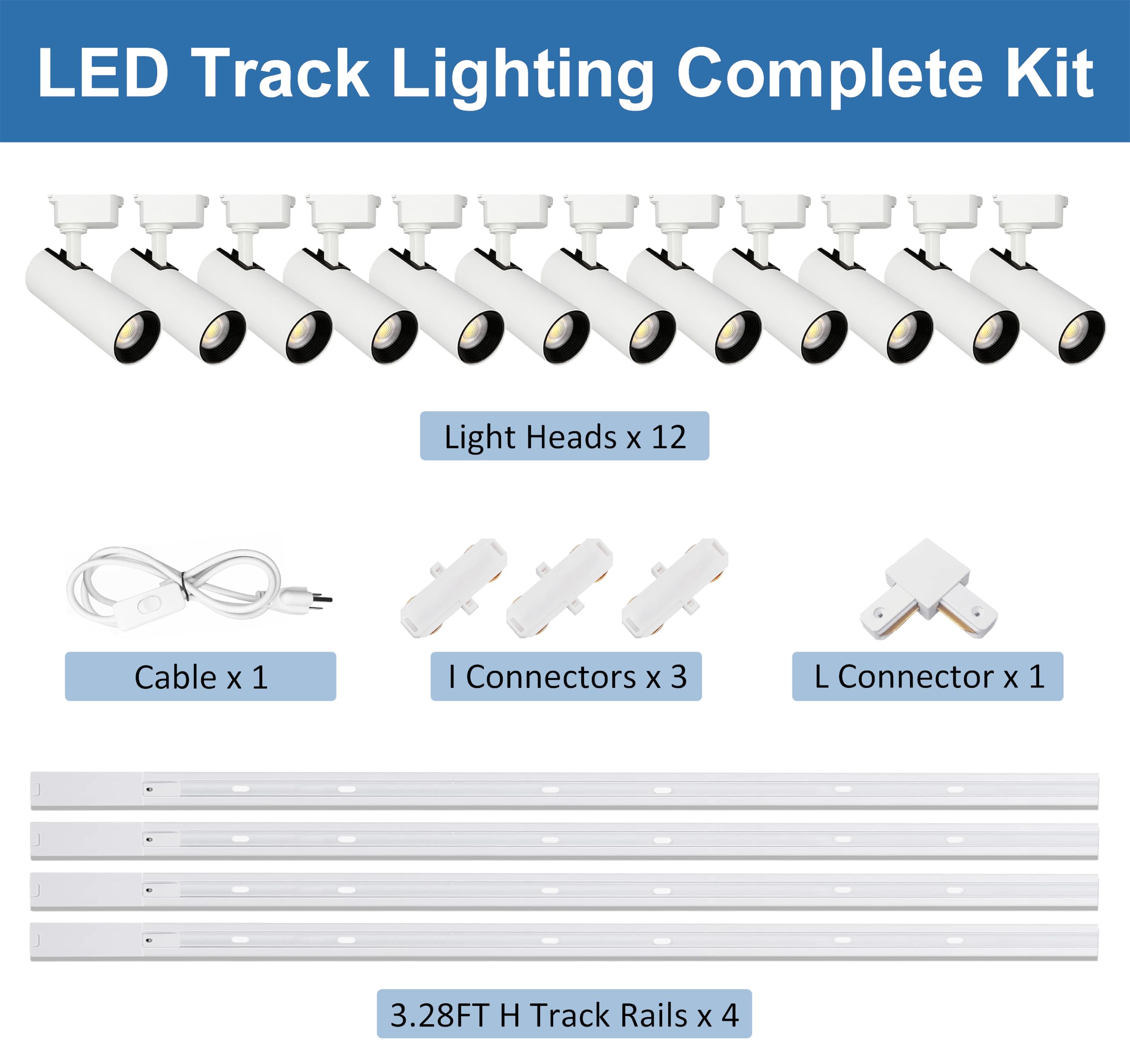 J&L Dimmable LED Track Lighting Kit - 12-Light 25W 2700lm System with 13ft Rail, 4000K Natural White Light, Flicker-Free for Kitchen, Art Display & Ceiling Spotlights | Perfect for Home, Restaurant & Retail Lighting