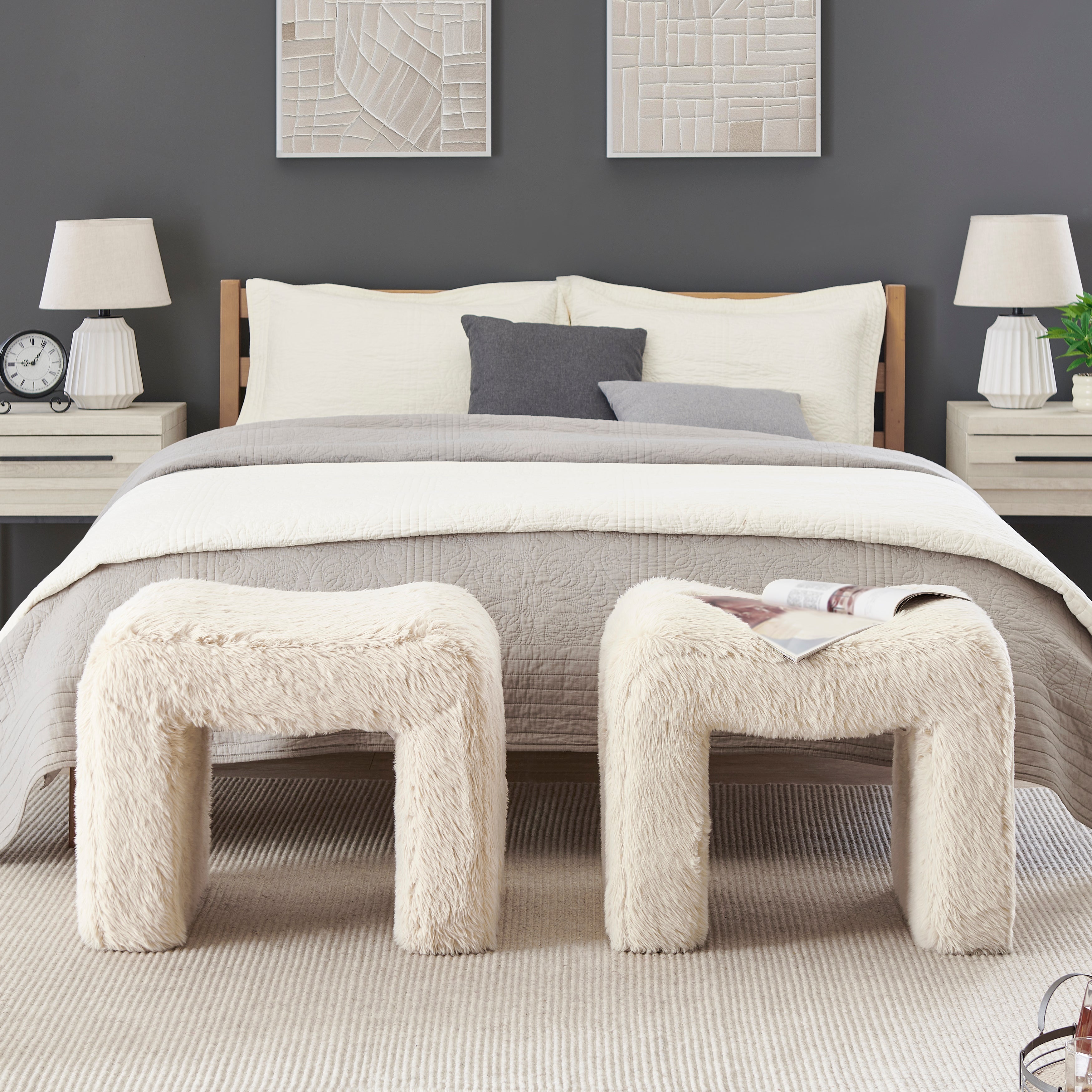 Roundhill Furniture Zorya Contemporary Faux Fur U-Shaped Ottoman Set of 2 - Modern Living Room Accent, Bedroom Footrest, Cozy Home Decor for Stylish Comfort