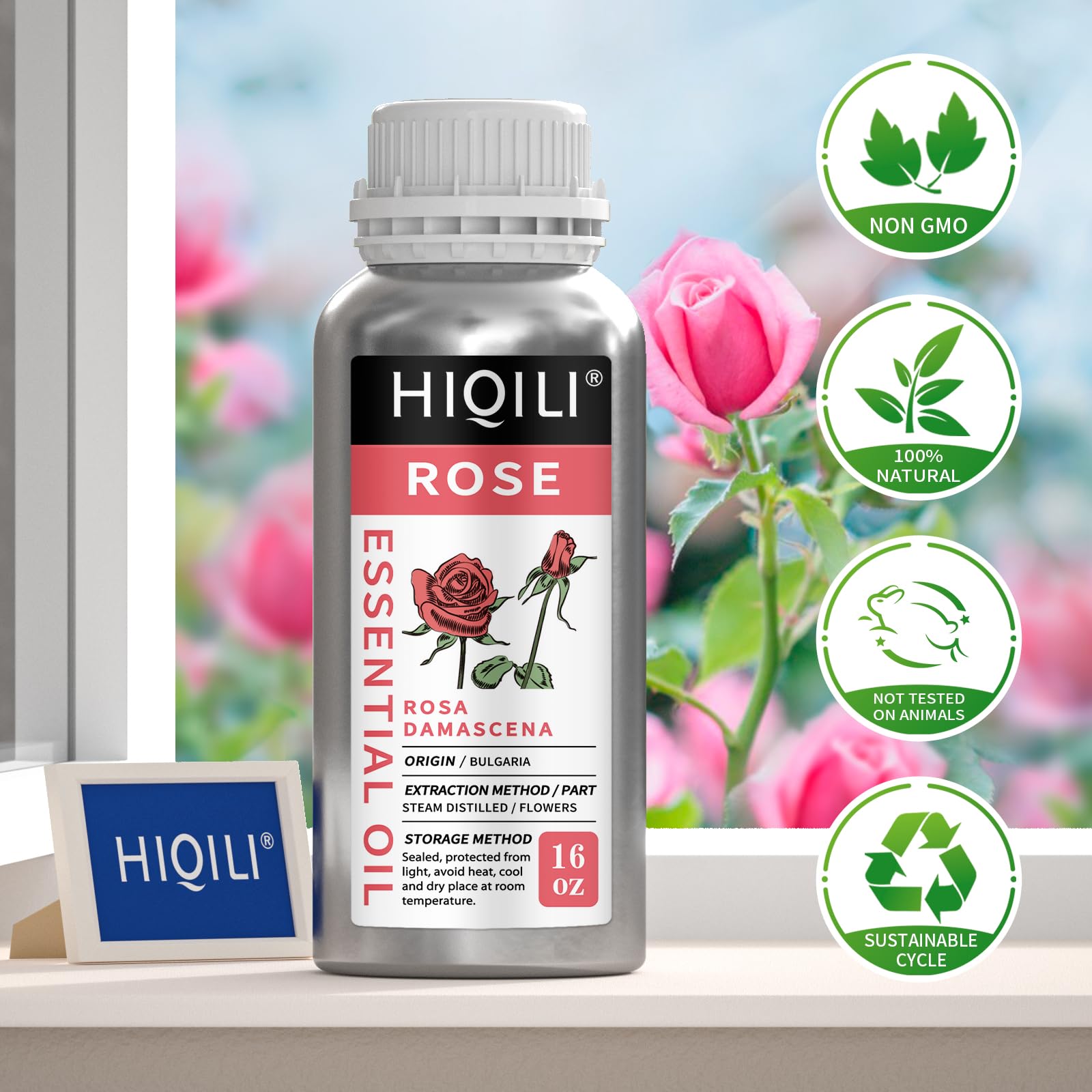 HIQILI Pure Rose Essential Oil - 16 Fl Oz for Aromatherapy, Diffuser, Soap, Perfume & Candle Making | Perfect for Relaxation, Spa & Home Fragrance