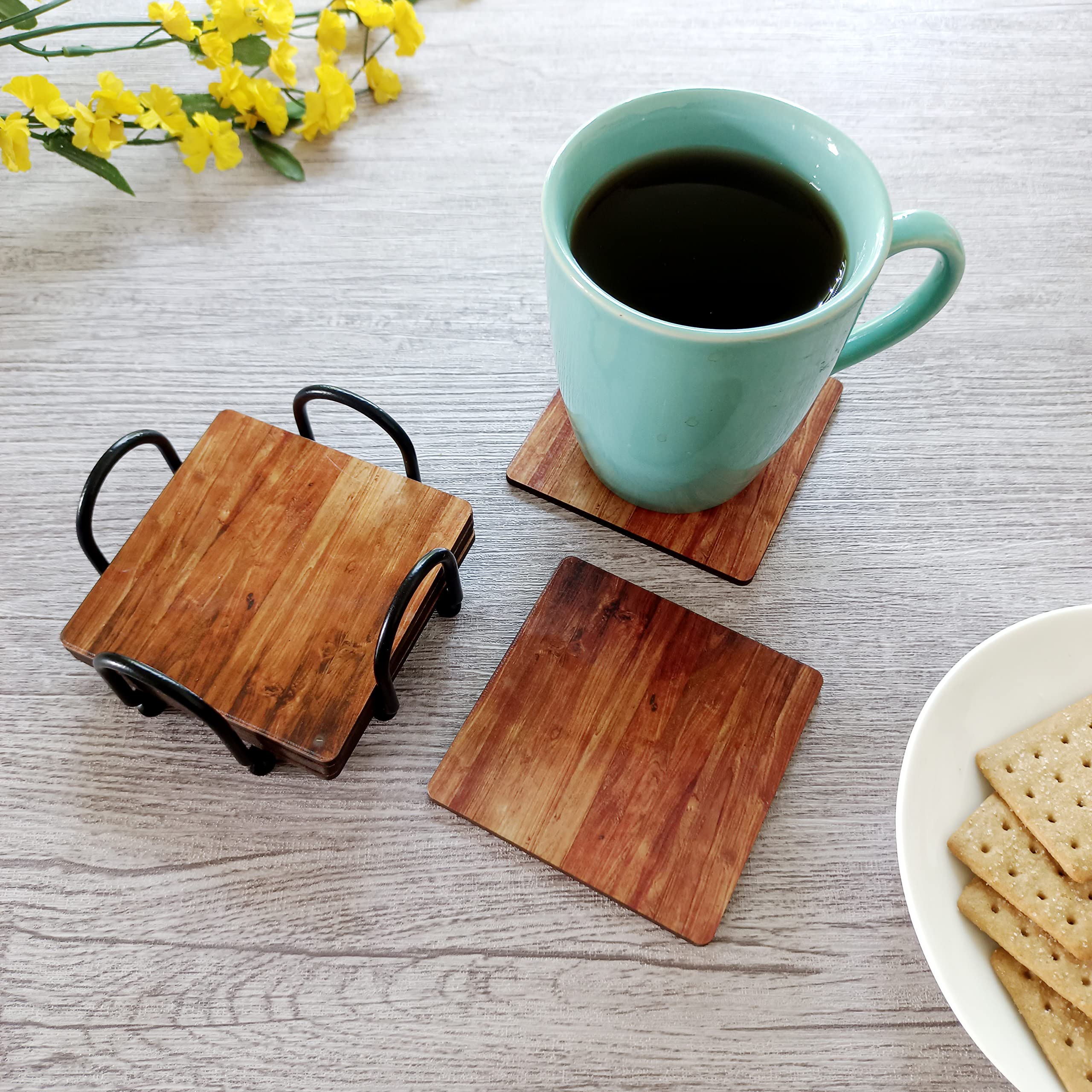 Picrazee 6-Piece Wooden Coaster Set with Wrought Iron Stand - Elegant Drink Coasters for Coffee, Tea, and Wine Glasses - Perfect for Home, Office, and Restaurant Use