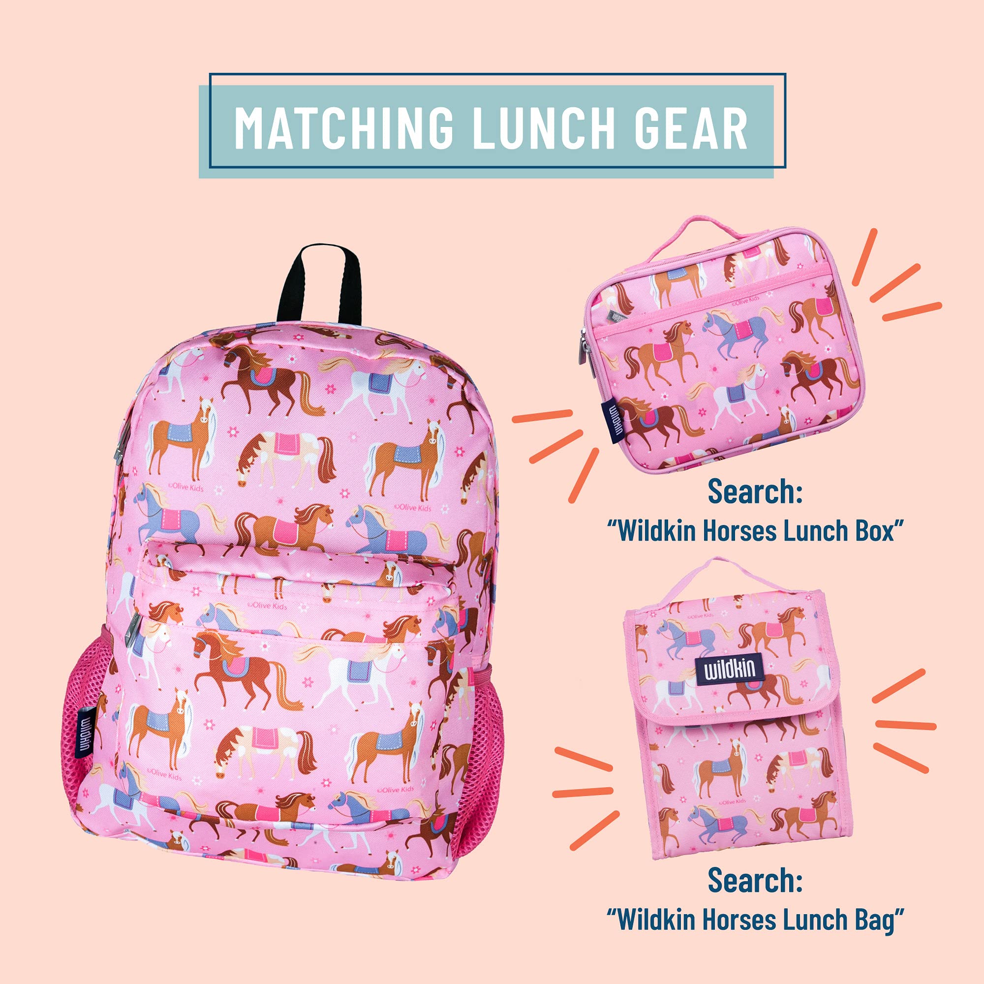Wildkin 16-inch Kids Backpack for School - Durable Padded Backpack with Spacious Compartments for Boys & Girls - Horse Design - Perfect for Elementary Students, Day Trips & Outdoor Adventures