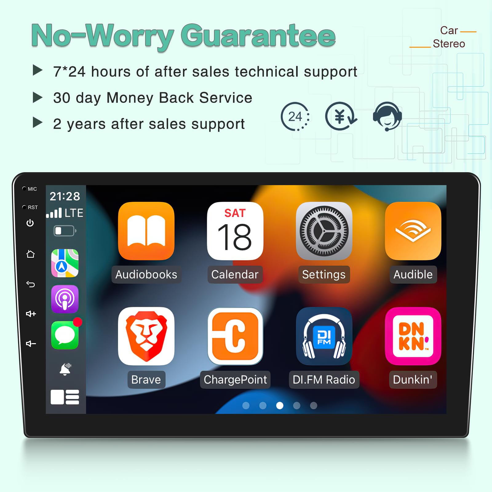 10.1 Inch Android Double Din Car Stereo with 4GB RAM 64GB ROM - Wireless CarPlay & Android Auto - 10