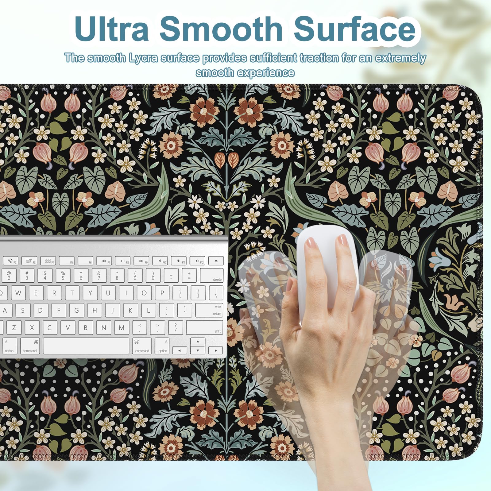 HAOCOO XXL Non-Slip Desk Mat with Stitched Edge - Extra Large Keyboard and Mouse Pad for Office & Gaming, Floral Design (Black) - Perfect for Workstations, Home Offices, and PC Gaming Setups