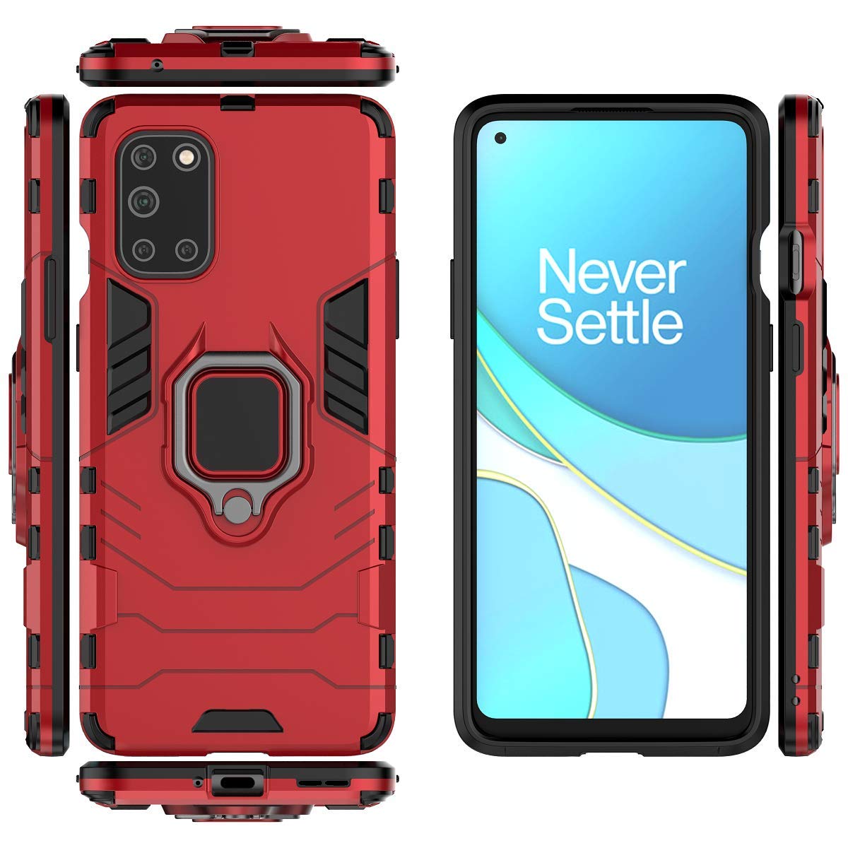 Magnetic Rotating Ring Holder Kickstand Case for OnePlus 8T - 360° Rotation, Car Mount Compatible, Shockproof Protective Cover (Red) - Perfect for Driving, Work, and Everyday Use