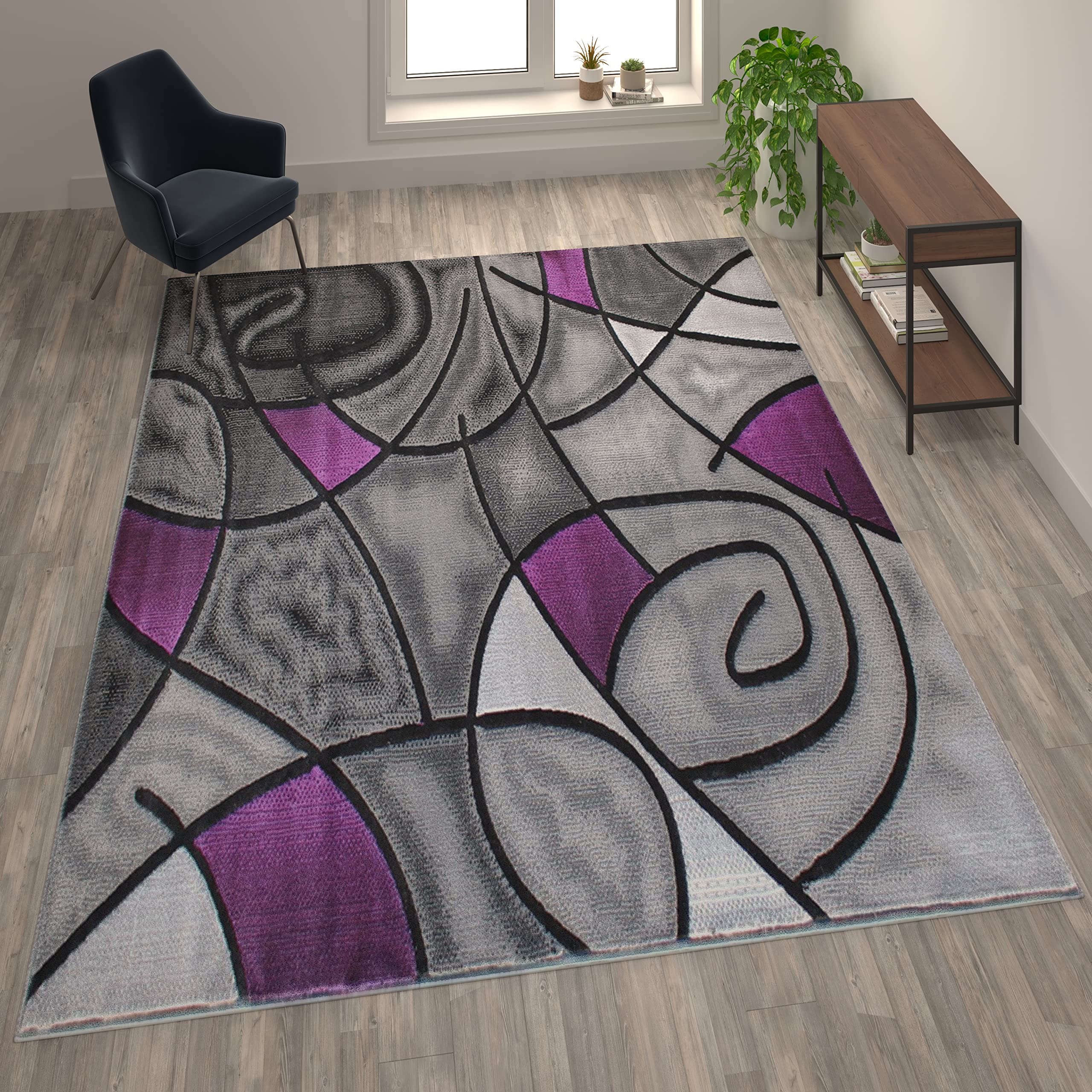 Flash Furniture Jubilee Collection Abstract Area Rug - Colorfast Purple Olefin Rug - 8' x 10' - Jute Backing - Stain Resistant & Durable - Perfect for Living Room, Bedroom, Family Room & Home Office Decor