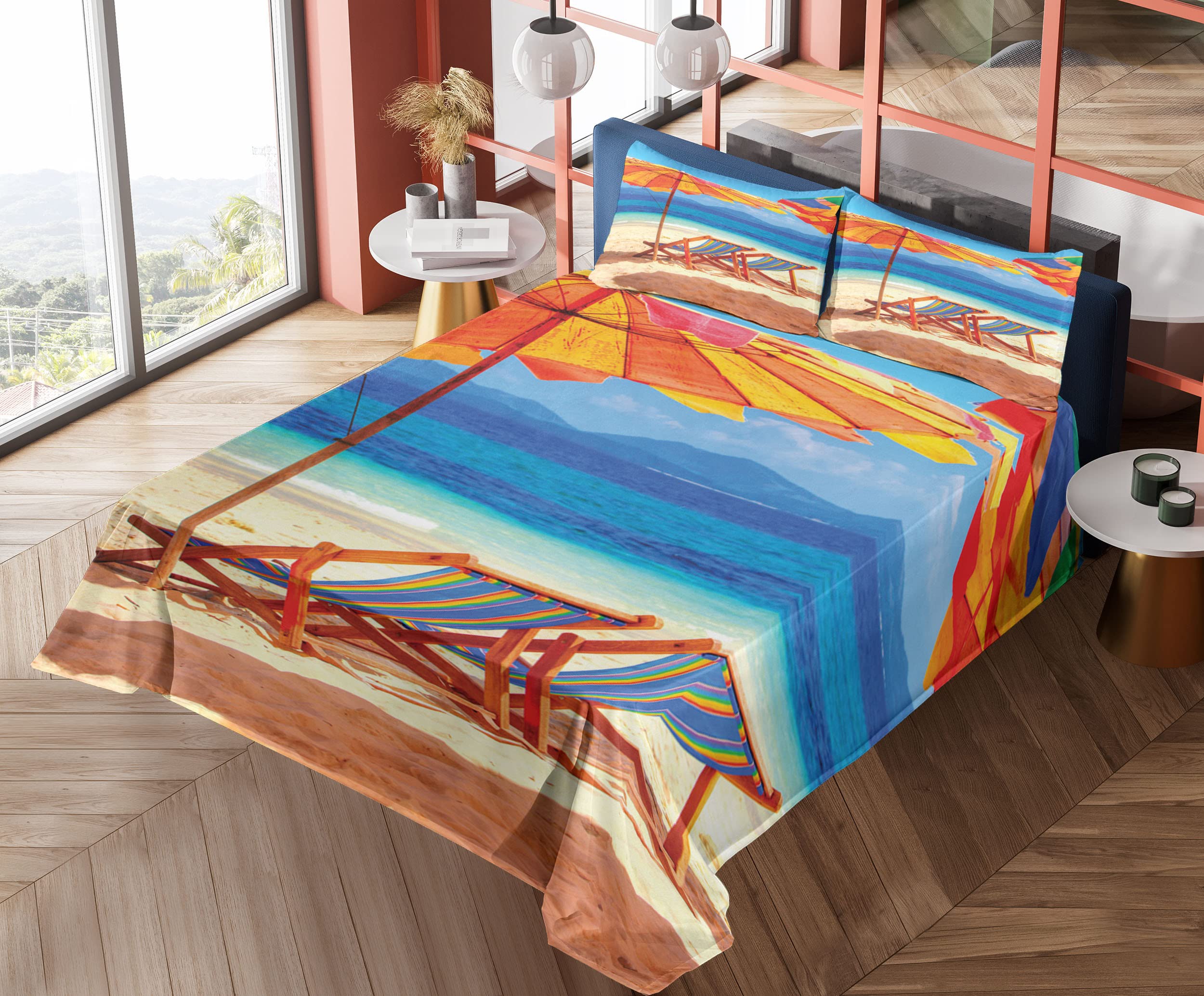 Ambesonne Tropical Beach Sheet Set - 3 Piece Twin Size with Fitted Sheet, Flat Sheet & Pillowcase - Orange Blue Coastal Decor Featuring Thailand Seaside Deck Chairs Design - Perfect for Vacation Themed Bedrooms, Guest Rooms & Beach House Decor
