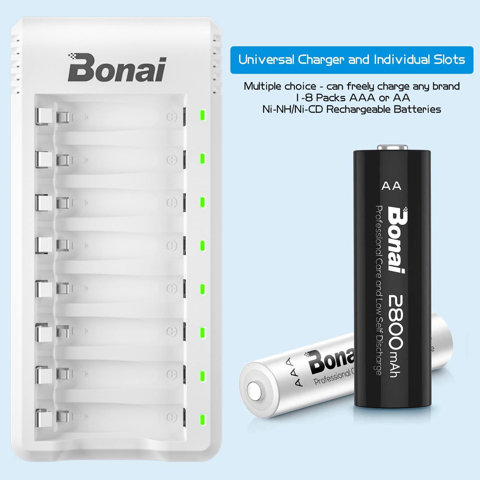 BONAI 8-Slot Smart Fast Battery Charger for AA AAA Ni-MH Ni-CD Rechargeable Batteries - Perfect for Cameras, Toys, and Electronic Devices