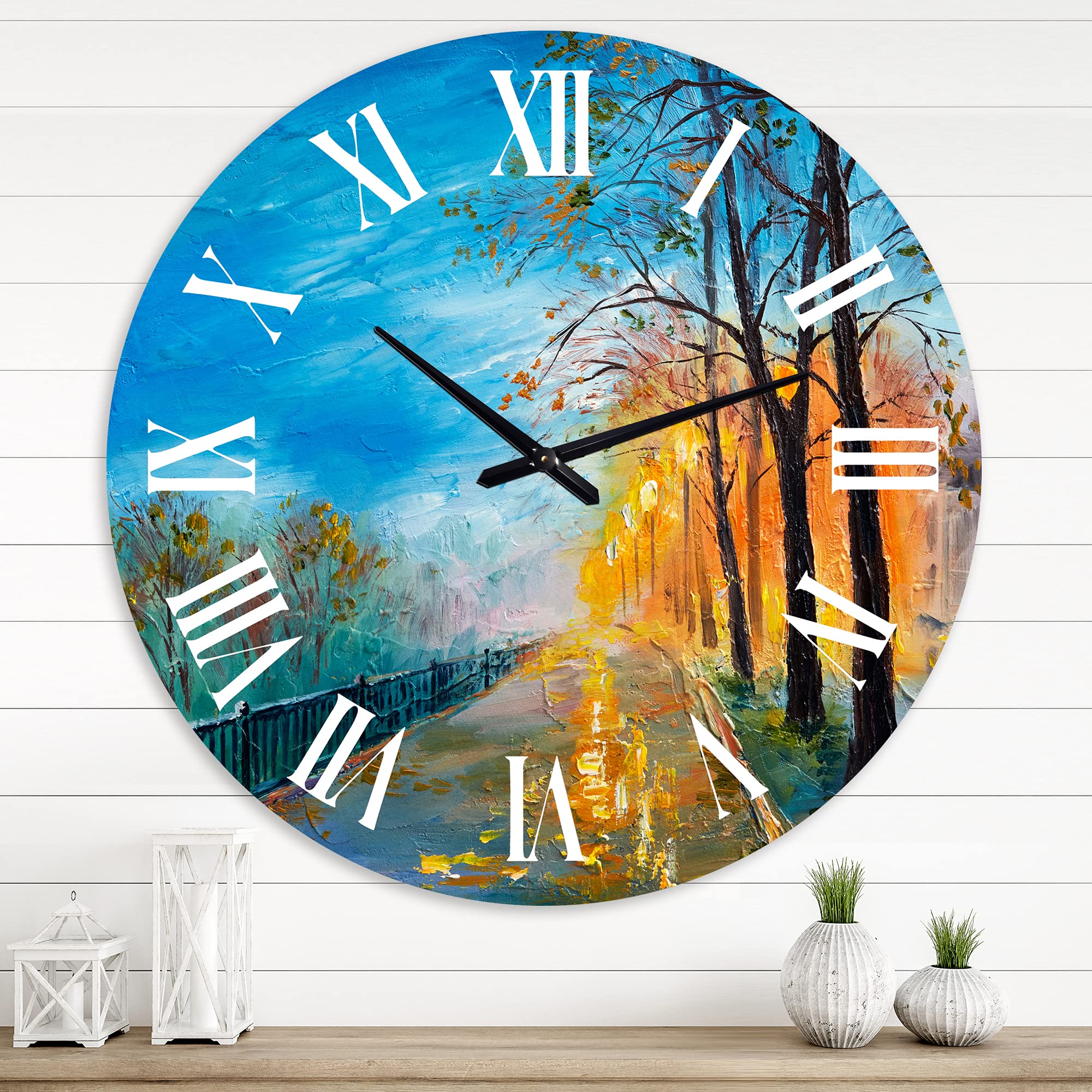 DesignQ Traditional Wall Clock 'Evening On Autumn Road' - Large Landscape Nature Wall Clock for Home, Office, Living Room Decor - Perfect for Farmhouse, Bedroom & Kitchen Wall Art