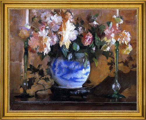 Edmund Tarbell 'Flowers in a Blue Ginger Jar' Art Print - 16x20 Inch Premium Canvas Wall Art with Gold Frame - Perfect for Living Room, Bedroom & Office Decor