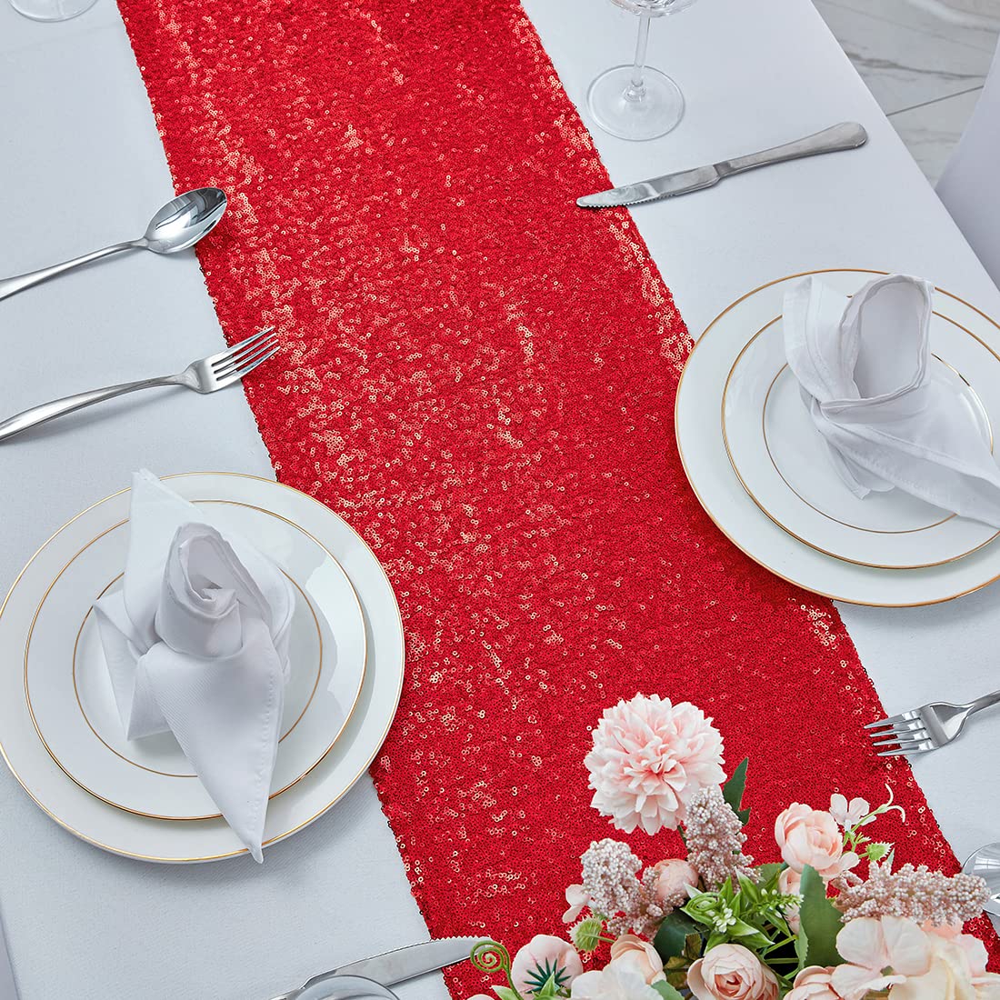 10 Pack 12x108 Inch Red Sequin Table Runners - Glitter Party Table Decor for Weddings, Birthdays, Bachelorette, Bridal & Baby Showers, Holiday Celebrations - Perfect for Dining Tables, Buffets, and Event Centerpieces