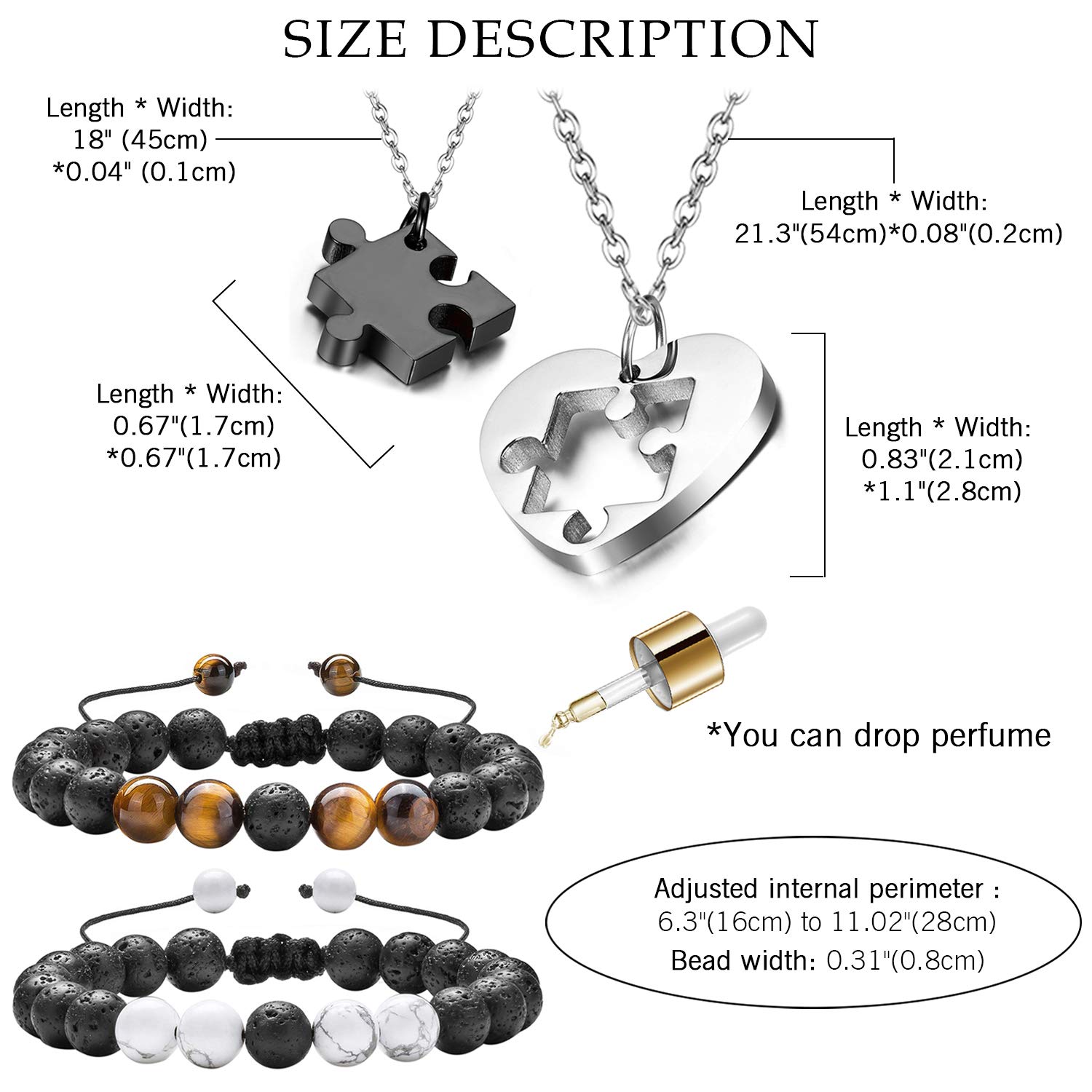 Cupimatch 2 Pairs Couple Matching Necklace & Bracelet Set - Adjustable Stainless Steel Heart Puzzle Necklace & His Hers Lava Rock Bead Essential Oil Diffuser Bracelet - Romantic Gift for Anniversary, Valentine's Day & Couple Date Night