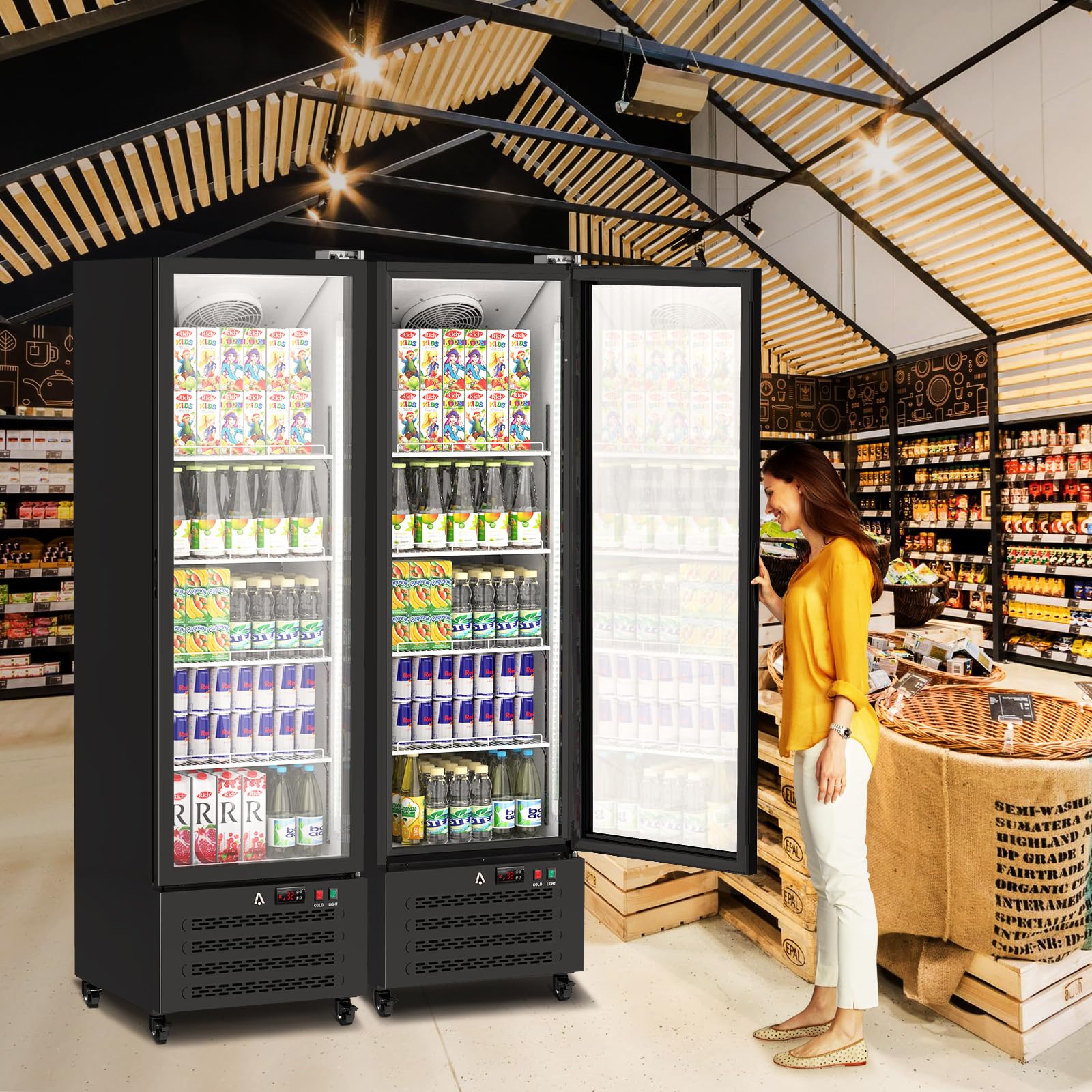 GARVEE 328L Commercial Glass Door Display Refrigerator - 11.6 Cu. Ft. Upright Freezer Beverage Cooler with Adjustable Shelves & Drink Organizers - Perfect for Restaurants, Cafes, and Retail Stores - Black