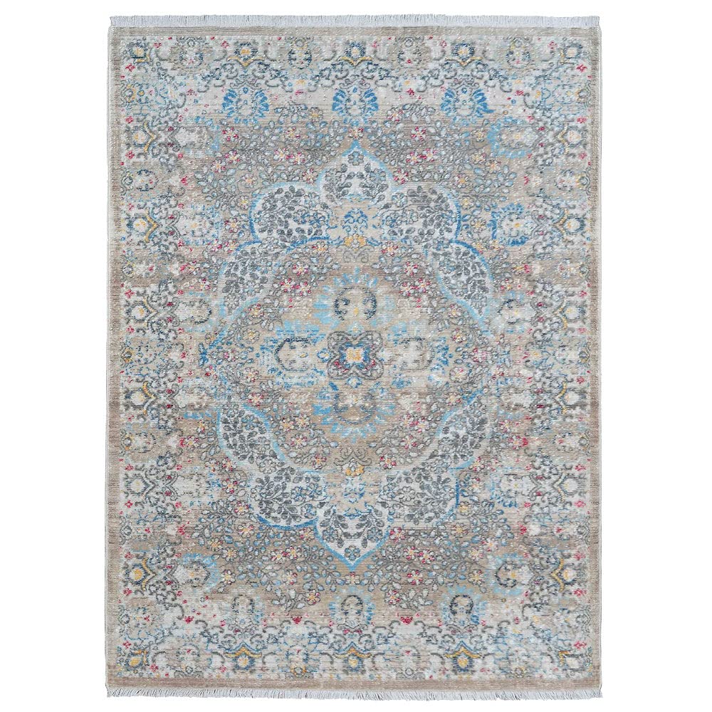 Machine Made Polyester Area Rugs 4'x5'11'' - Classic Oriental Traditional Design Low Pile Rectangle Rug in Beige & Black (M00093) | Perfect for Living Room, Bedroom & Office Decor