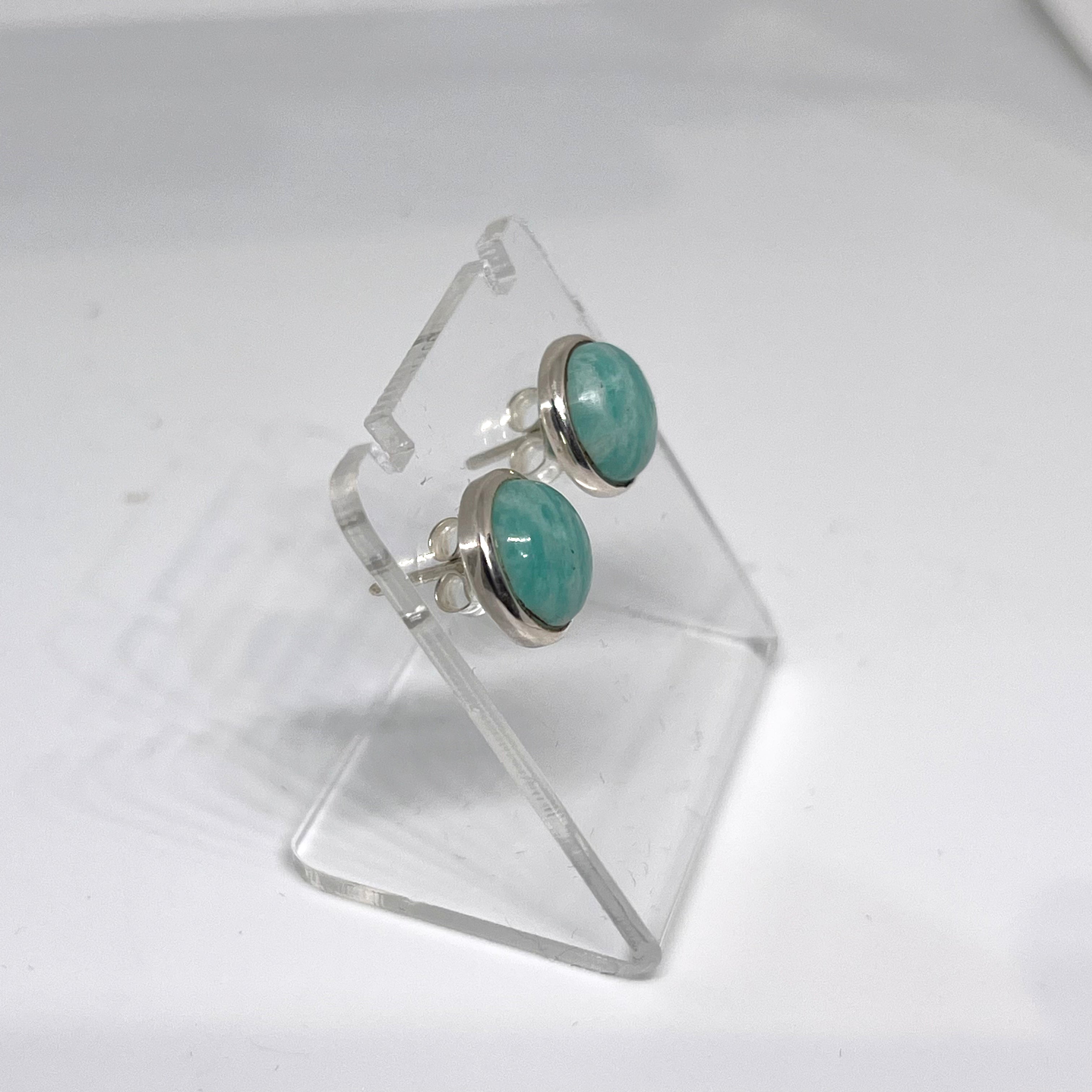 10mm Amazonite Round Cabochon Bezel Set Stud Earrings | Natural Gemstone Jewelry for Women | Perfect for Everyday Wear & Gift Giving