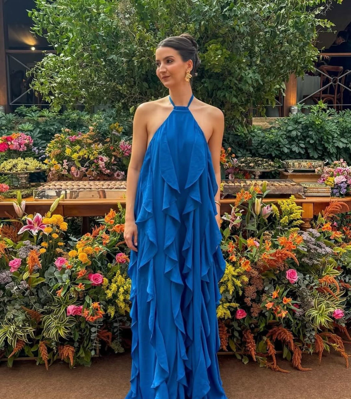 Elegant Blue Chiffon Halter A-Line Party Dress with Ruffle Details - Perfect for Weddings, Formal Events & Special Occasions