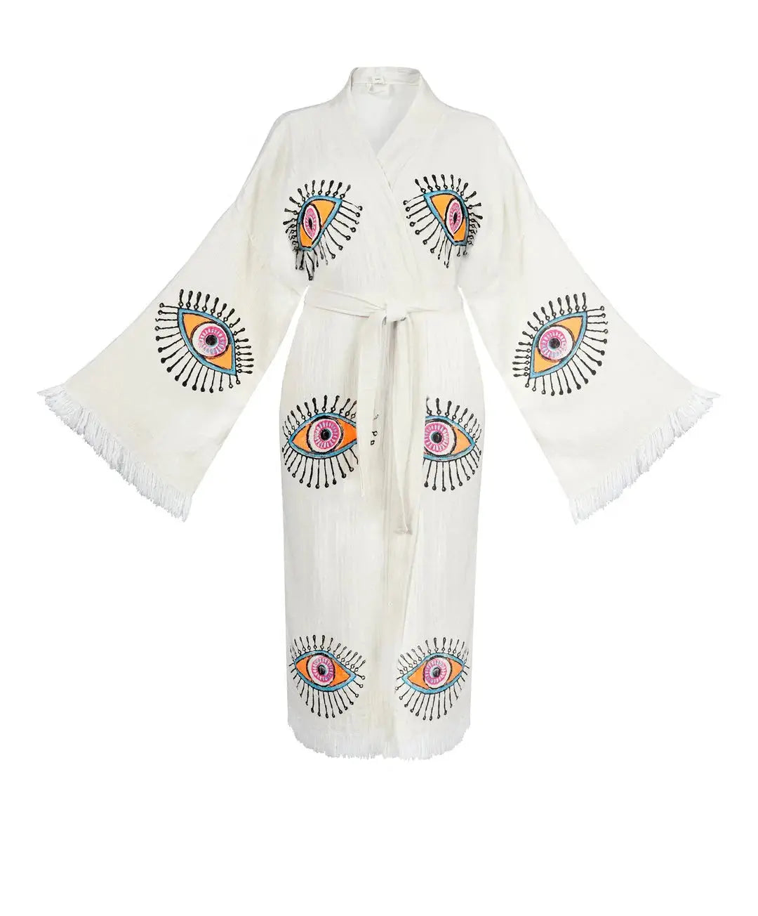 Organic Cotton One Size Neon Women's Kimono Robe with Evil Eye Design - Perfect for Spa, Beach Cover-Up, Yoga & Boho Loungewear