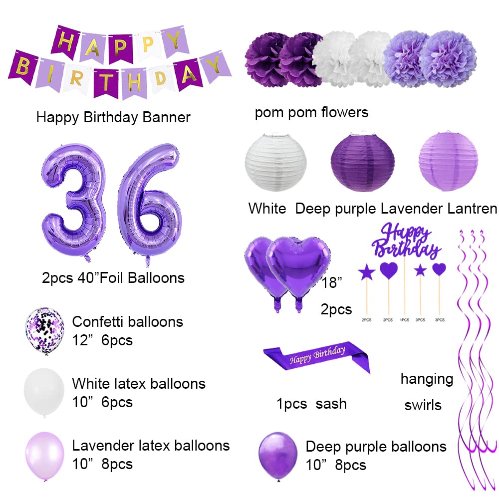 36th Birthday Party Decorations Set - Purple Happy Birthday Banner, Sash, Cake Topper, Number 36, Confetti & Balloons for 36 Years Old Celebration - Perfect for Adult Birthday Parties, Milestone Events & Surprise Decorations