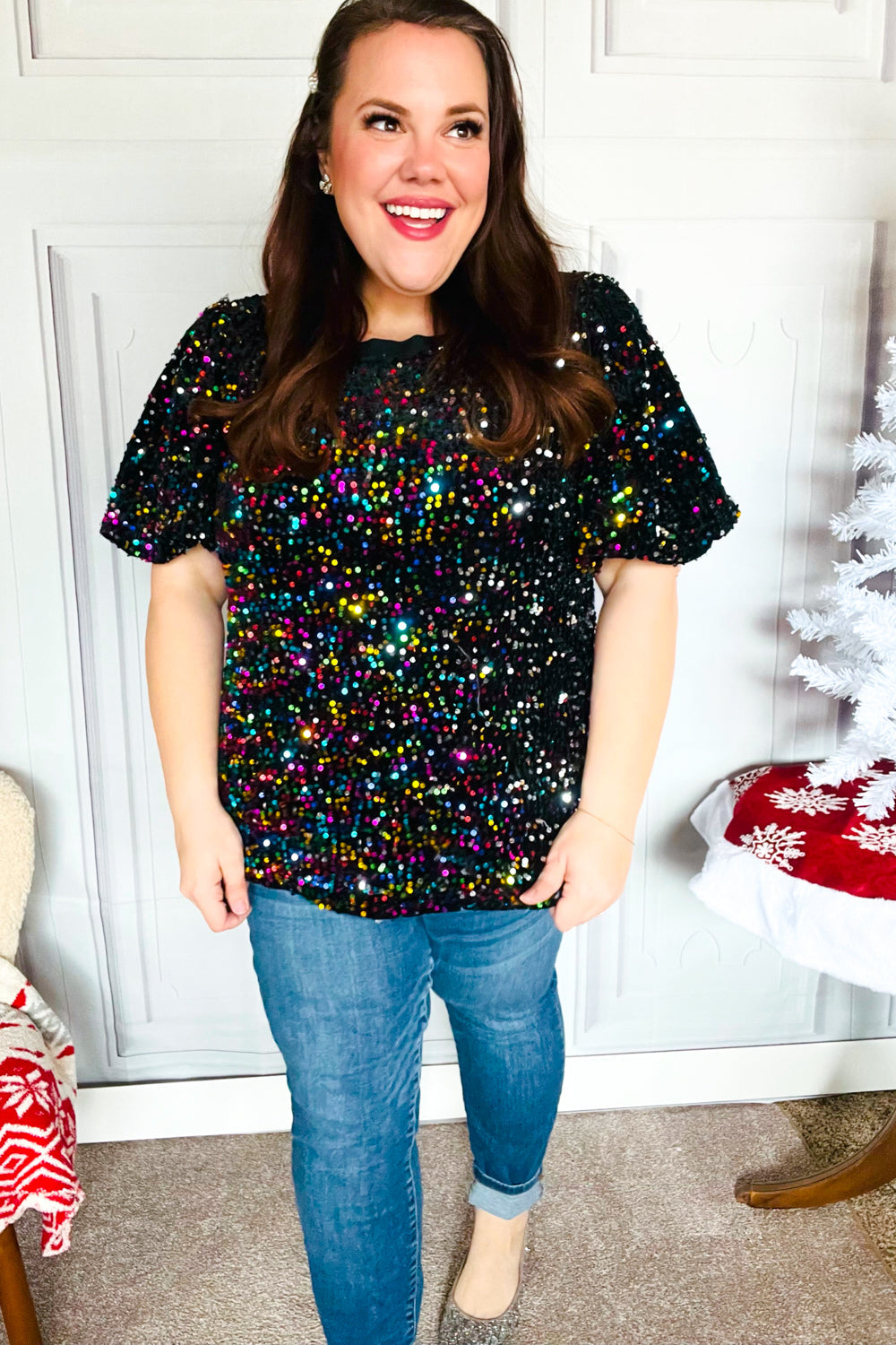 Black Velvet Multicolor Sequin Puff Sleeve Top for Women | Holiday Party & Christmas Outfit | Perfect for Festive Gatherings, NYE Celebrations & Special Occasions